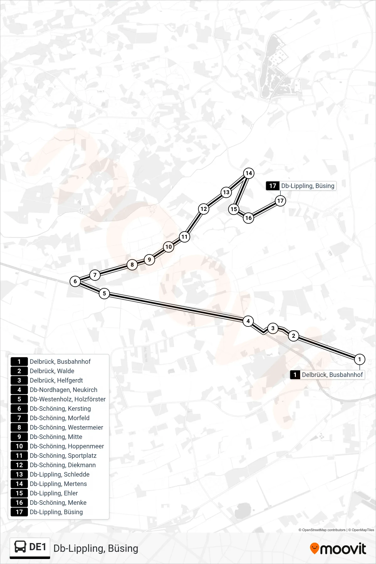 Linie DE1 (Bus) Richtung Db-Lippling, Büsing: Route und Haltestellen auf der Karte