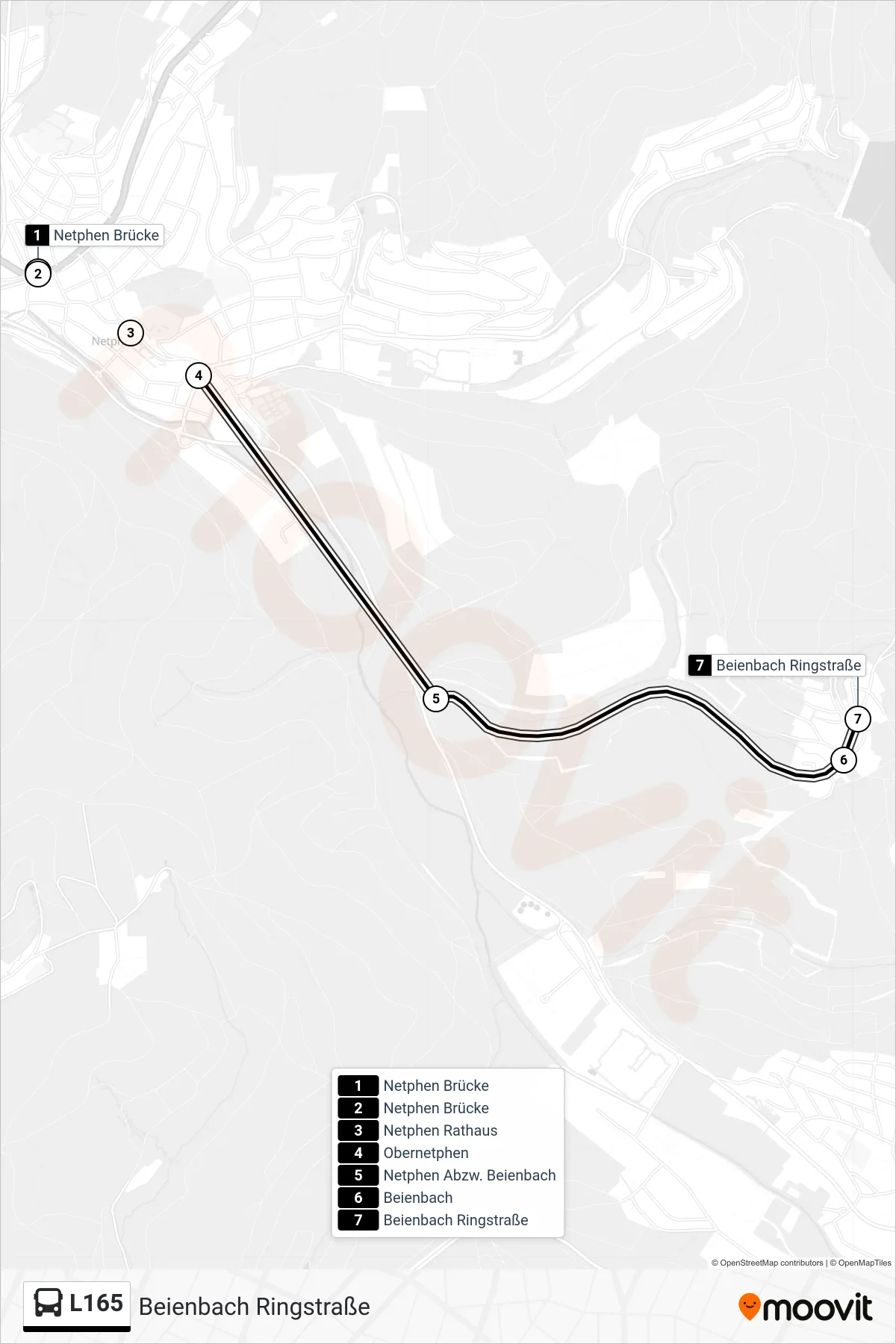 L165 bus Line (Beienbach Ringstraße) route and stops on a map