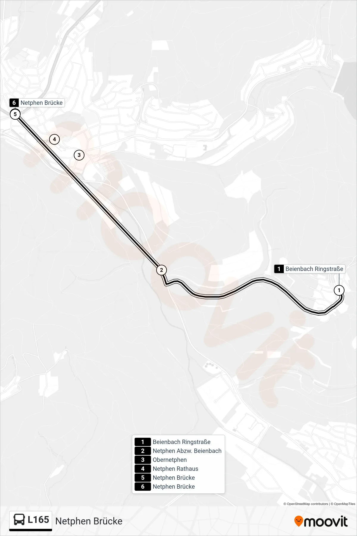 L165 bus Line (Netphen Brücke) route and stops on a map