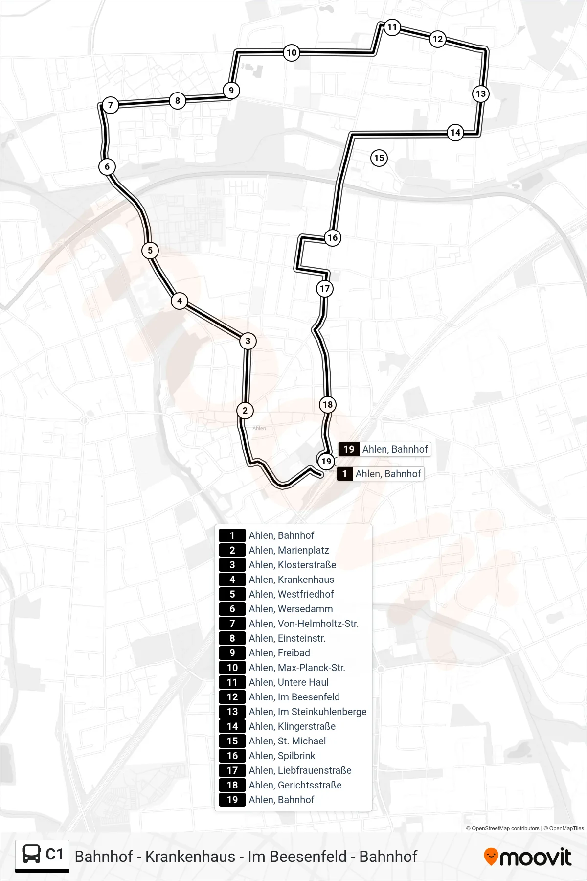 Linie C1 (Bus) Richtung Ahlen, Bahnhof: Route und Haltestellen auf der Karte