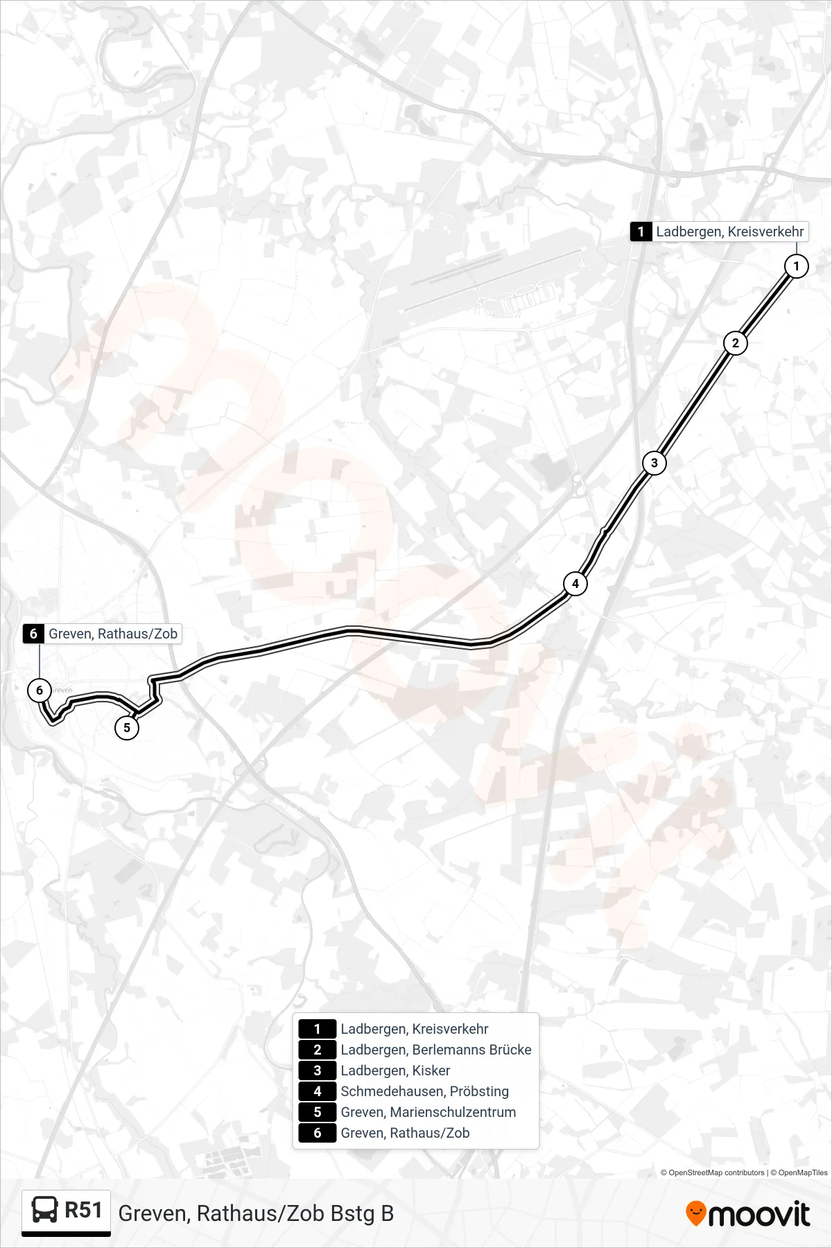 R51 bus Line (Greven, Rathaus/Zob Bstg B) route and stops on a map