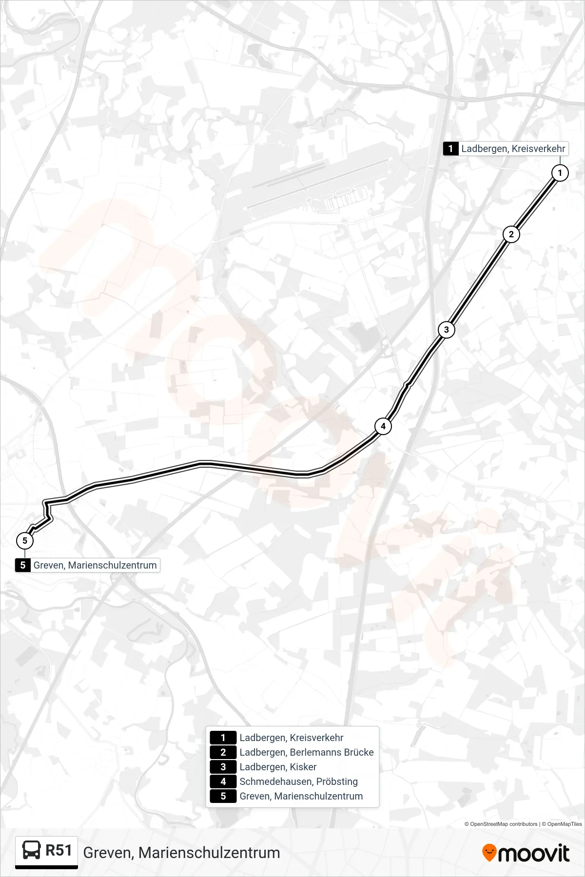 R51 bus Line (Greven, Marienschulzentrum) route and stops on a map