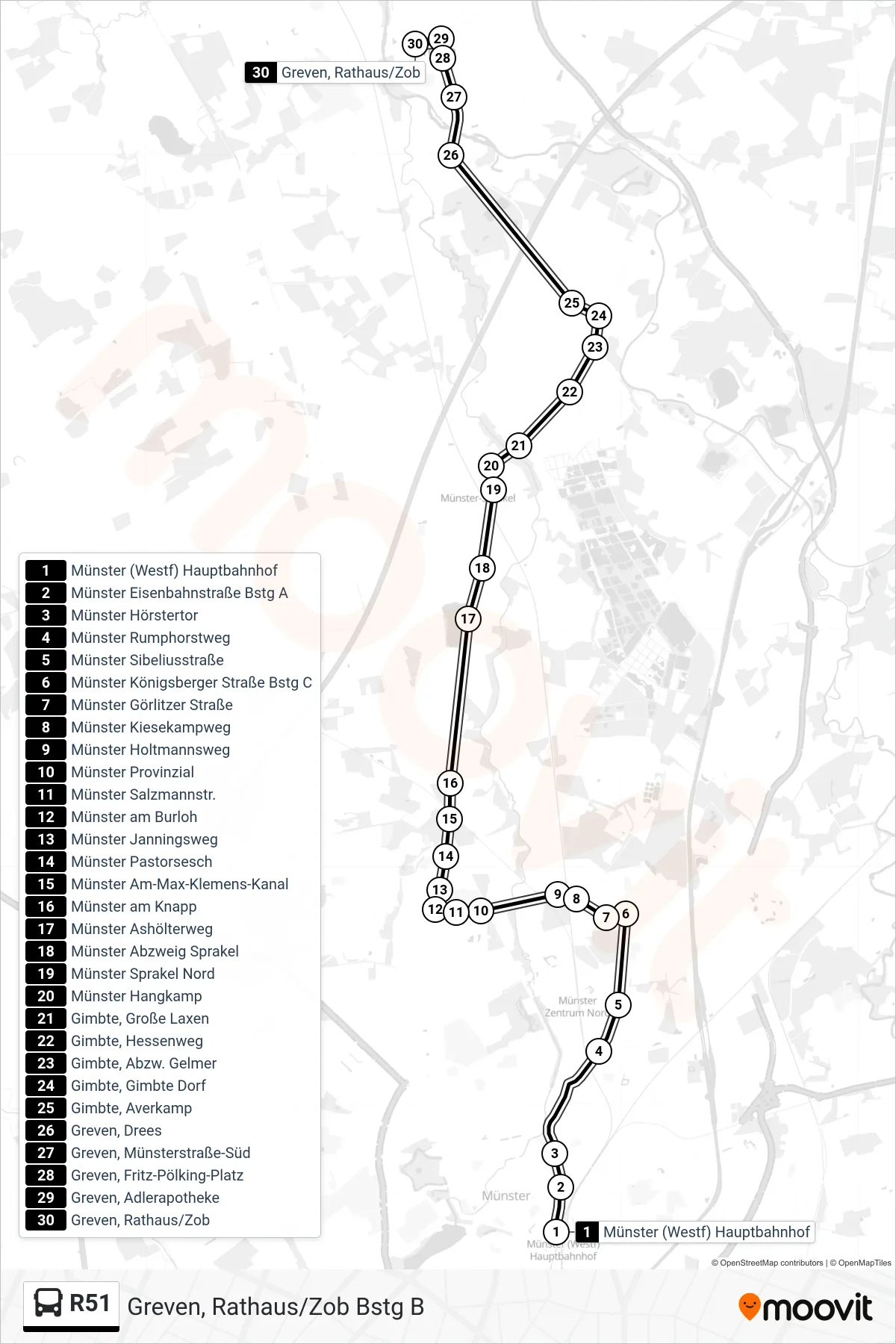 R51 bus Line (Greven, Rathaus/Zob Bstg B) route and stops on a map