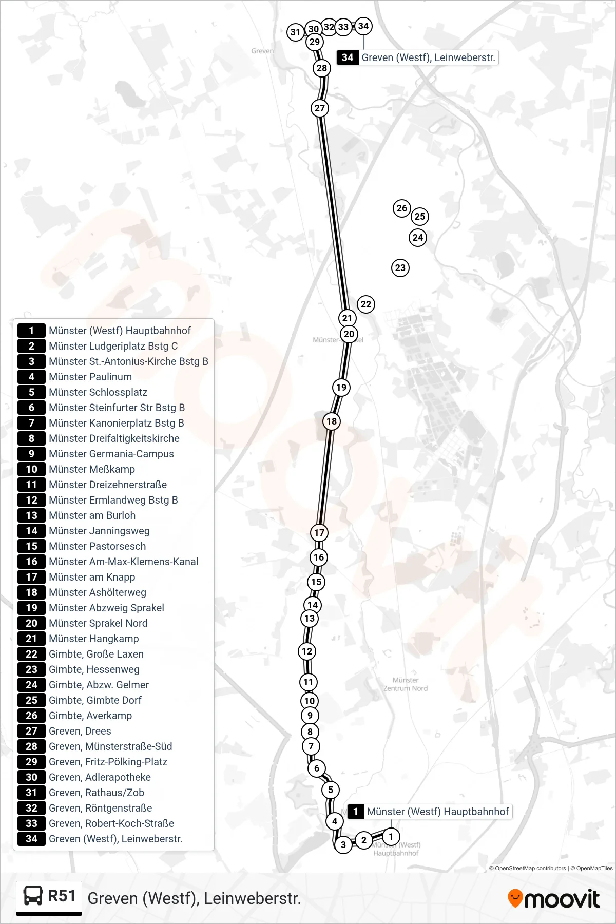 R51 bus Line (Greven (Westf), Leinweberstr.) route and stops on a map