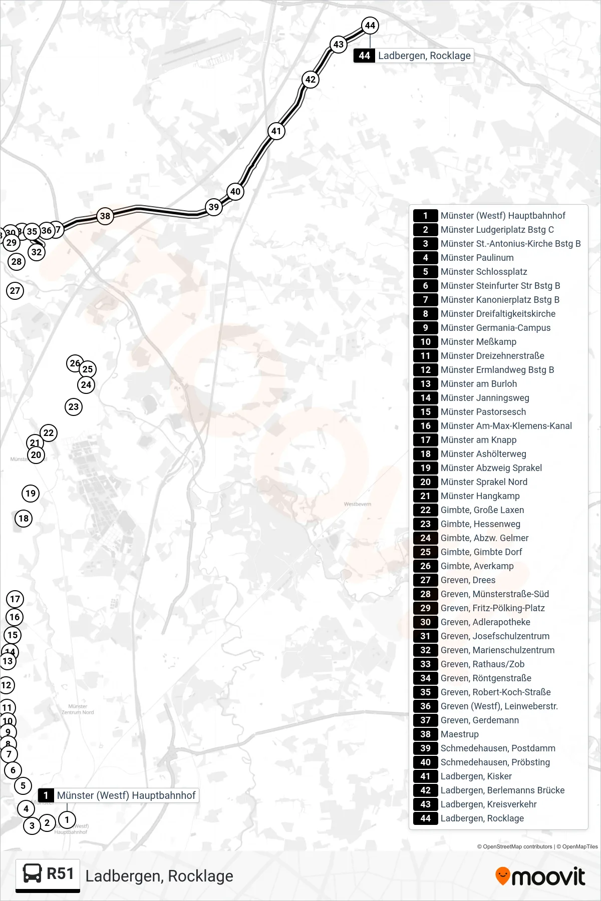 R51 bus Line (Ladbergen, Rocklage) route and stops on a map