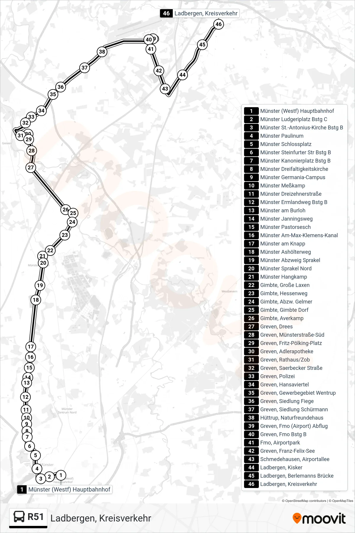 R51 bus Line (Ladbergen, Kreisverkehr) route and stops on a map