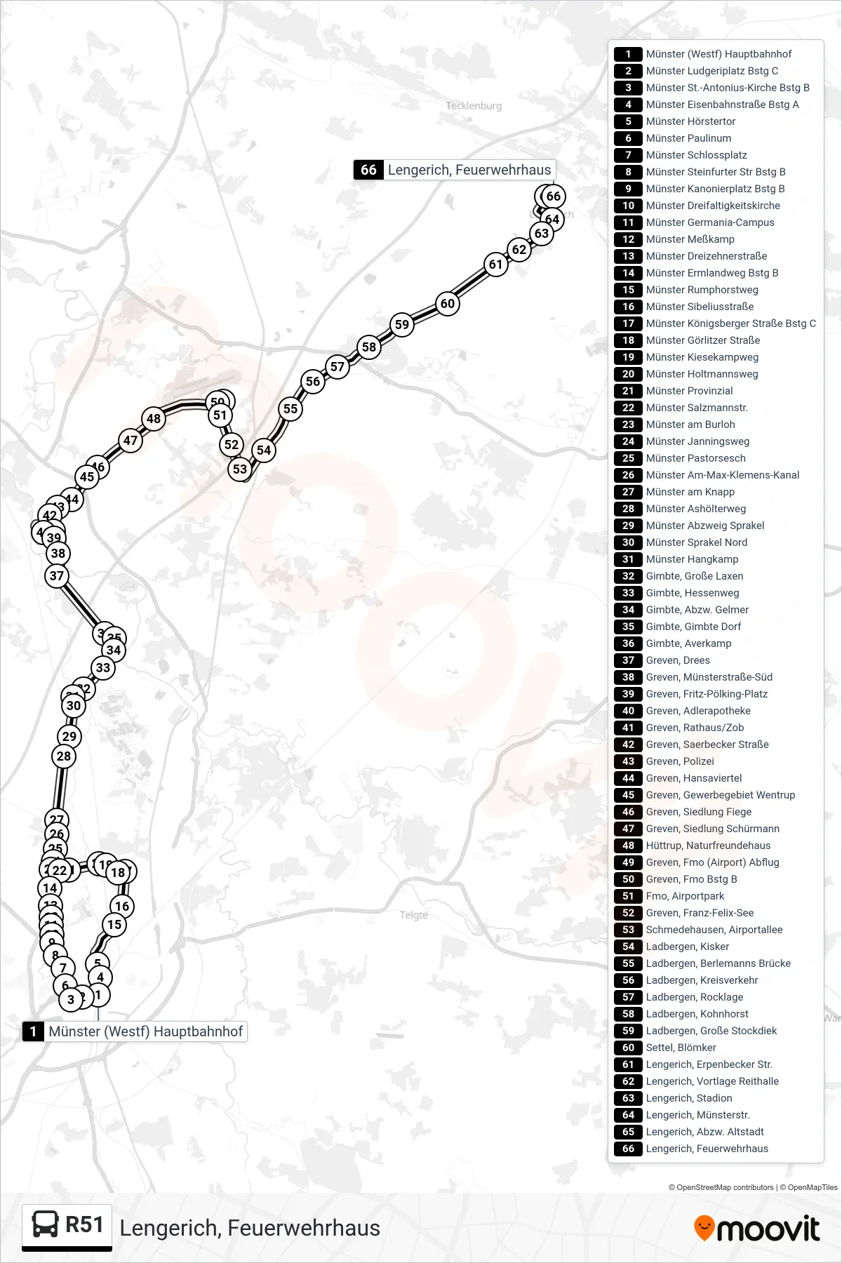R51 bus Line (Lengerich, Feuerwehrhaus) route and stops on a map