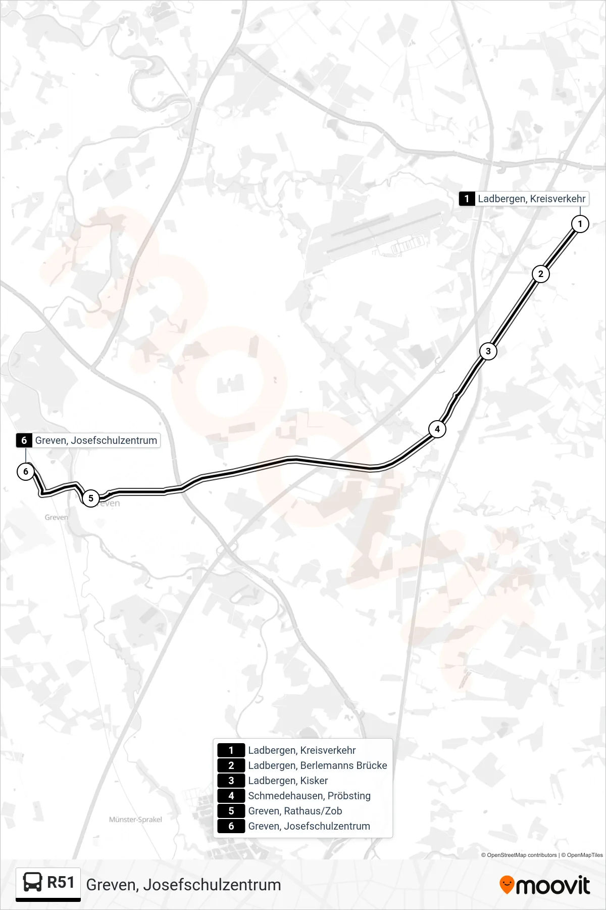 Linie R51 (Bus) Richtung Greven, Josefschulzentrum: Route und Haltestellen auf der Karte