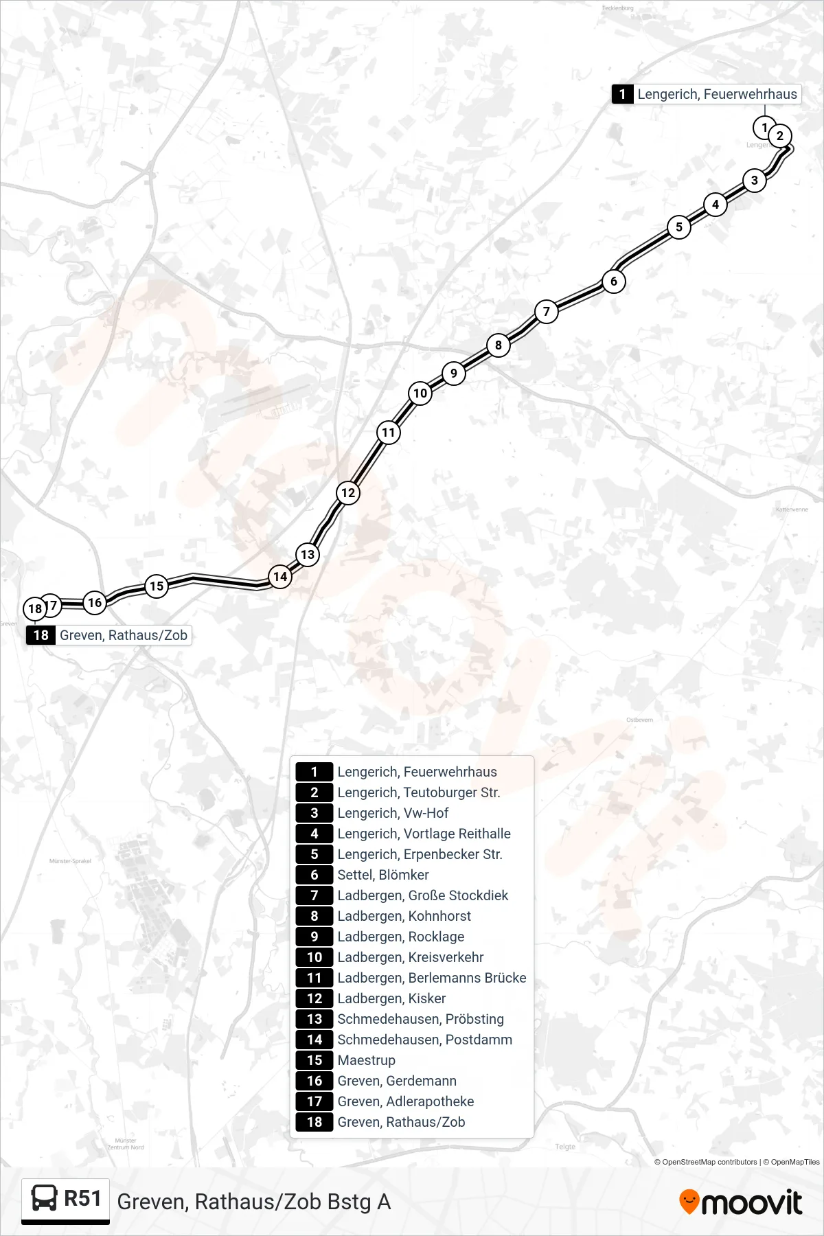 R51 bus Line (Greven, Rathaus/Zob Bstg A) route and stops on a map