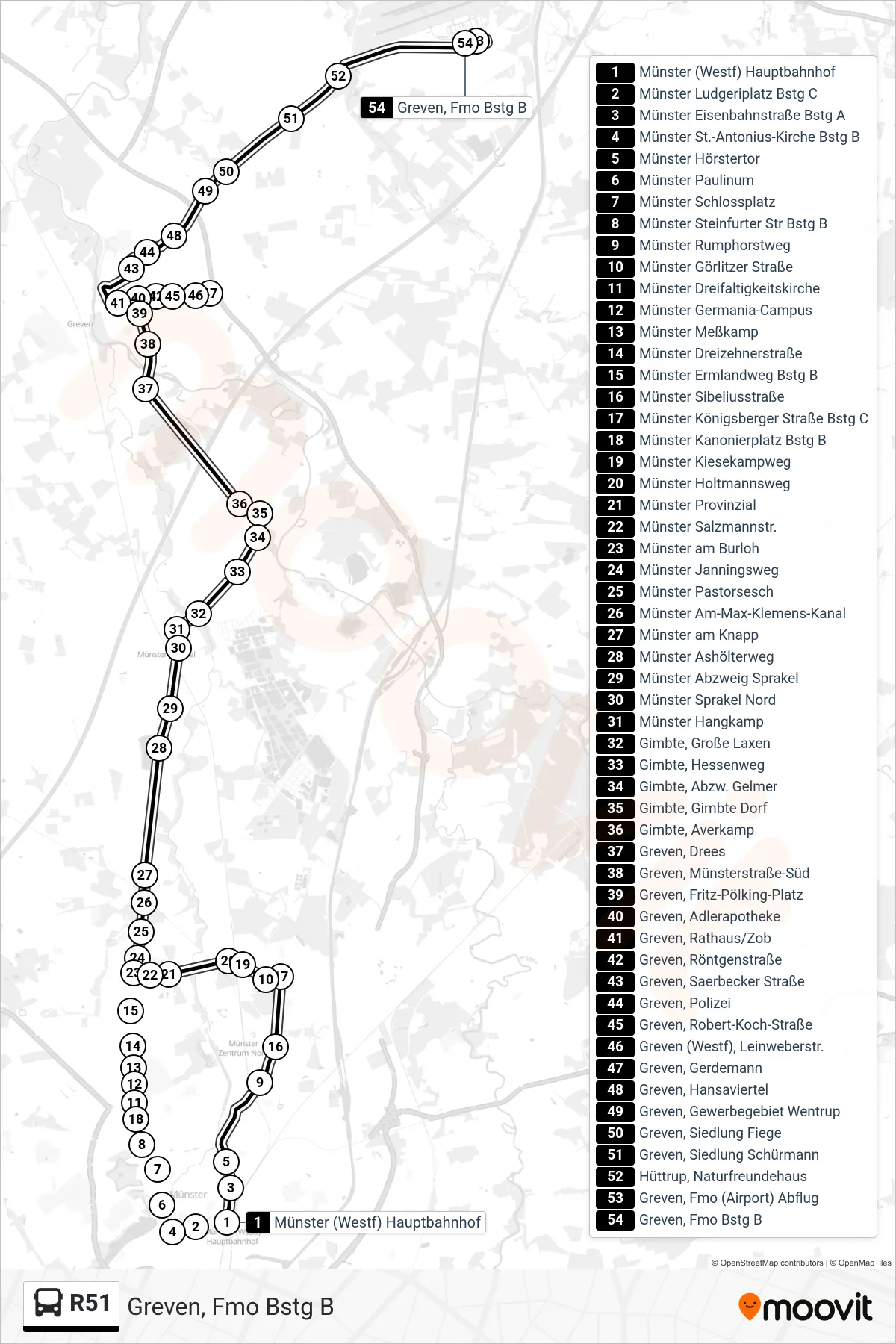 R51 bus Line (Greven, Fmo Bstg B) route and stops on a map
