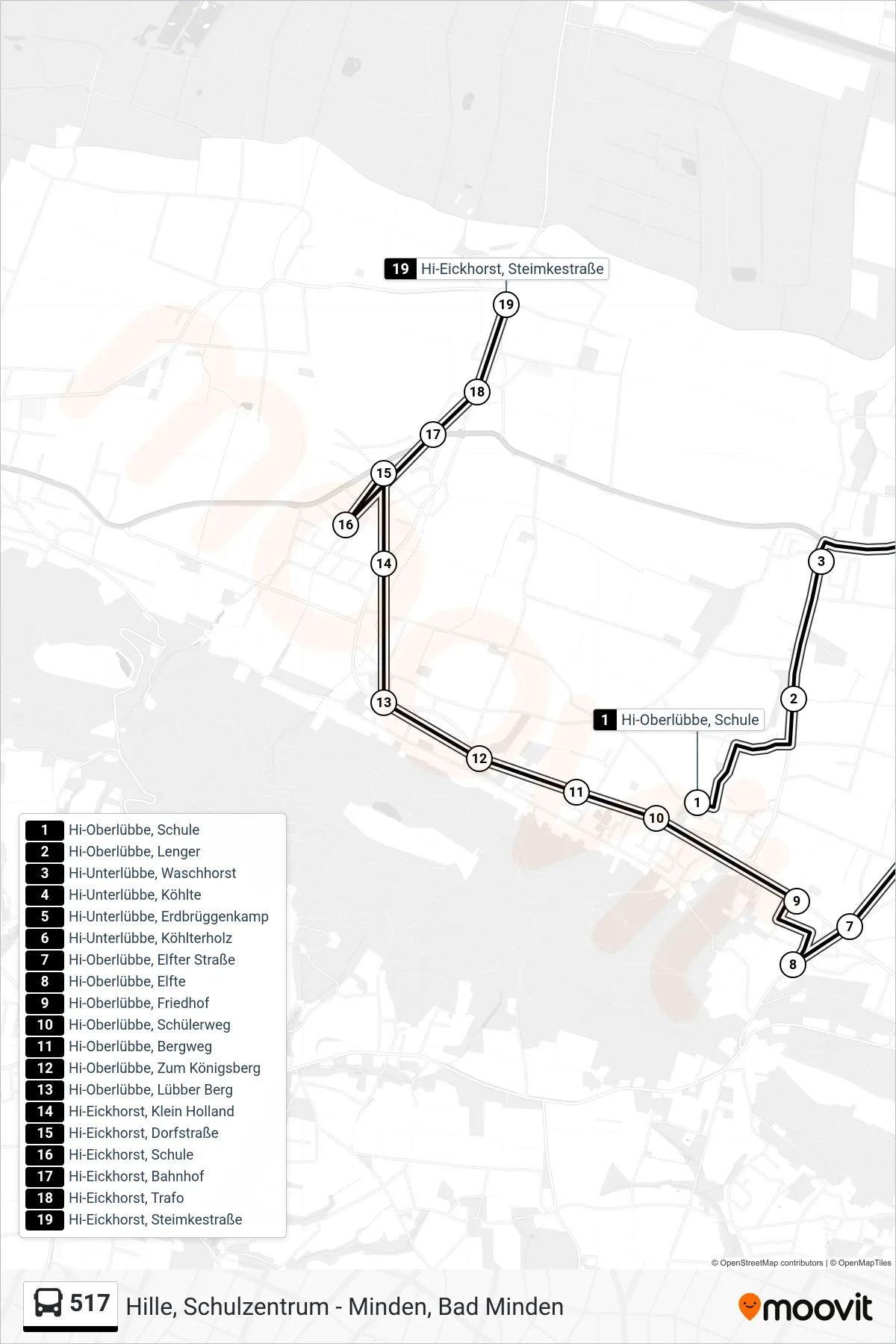 517 bus Line (517 Eickhorst) route and stops on a map