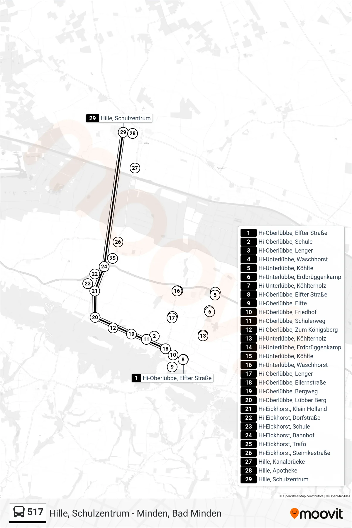 517 bus Line (Hille) route and stops on a map