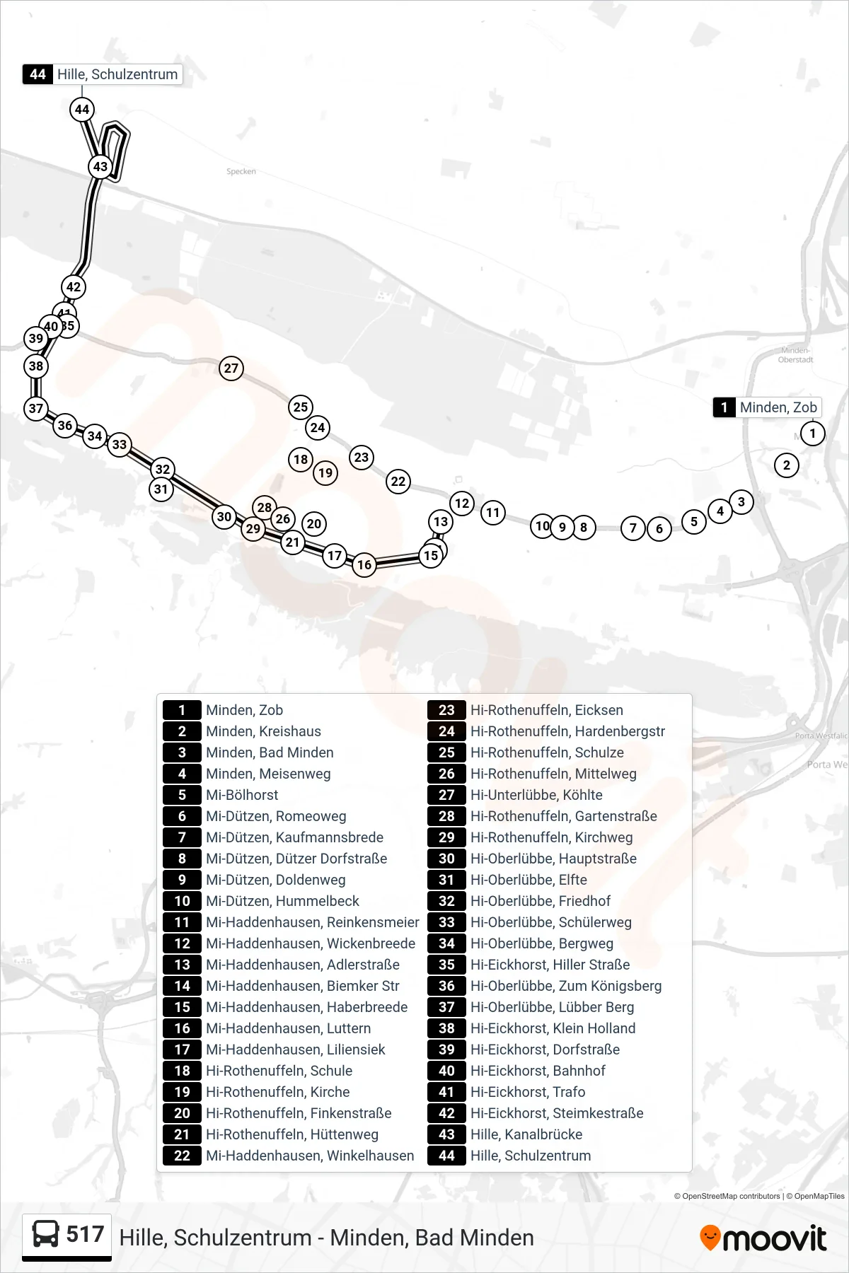 517 bus Line (Hille Schulzentrum) route and stops on a map
