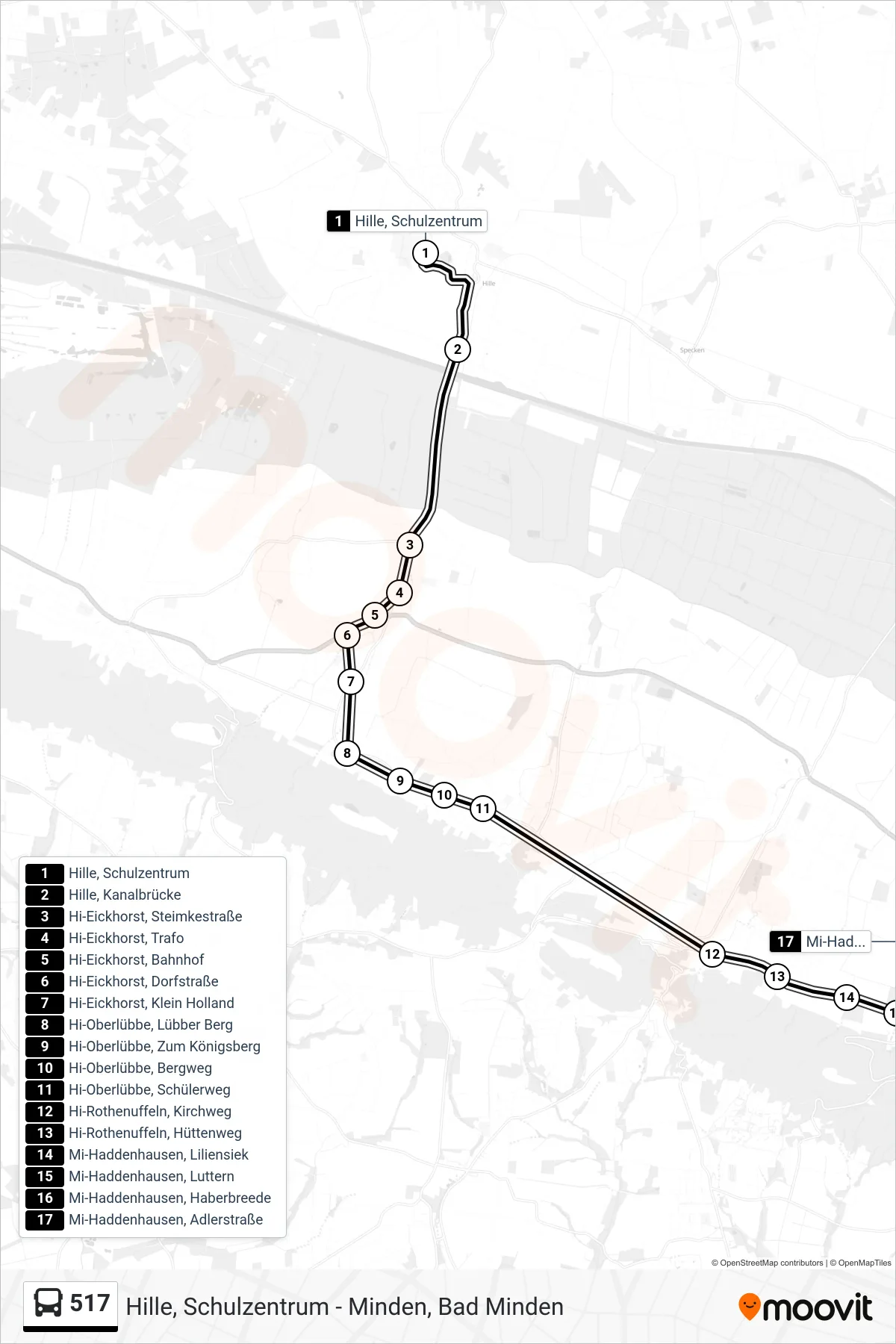 Linie 517 (Bus) Richtung Haddenhausen Haberbreede: Route und Haltestellen auf der Karte