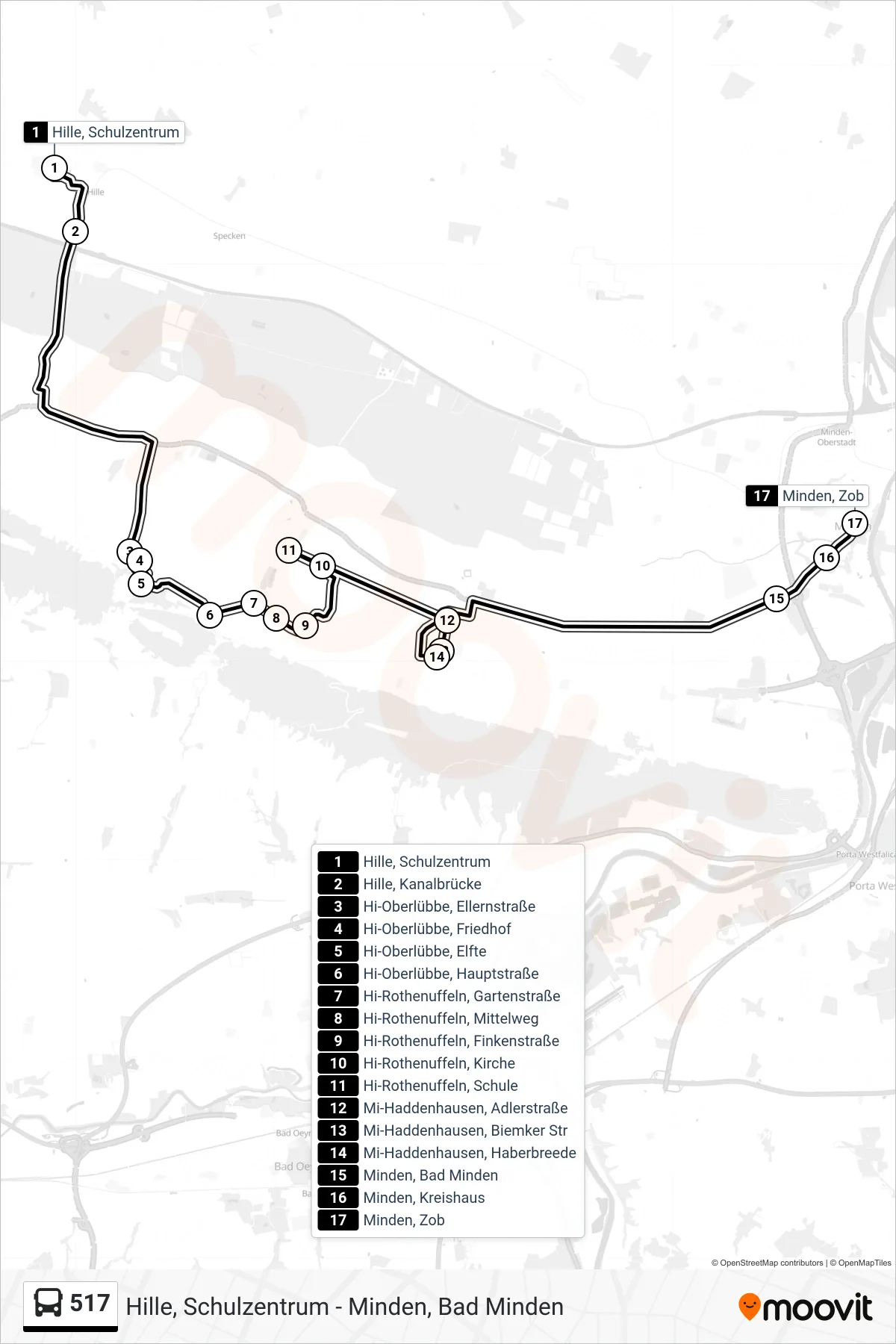 517 bus Line (Zob Minden) route and stops on a map
