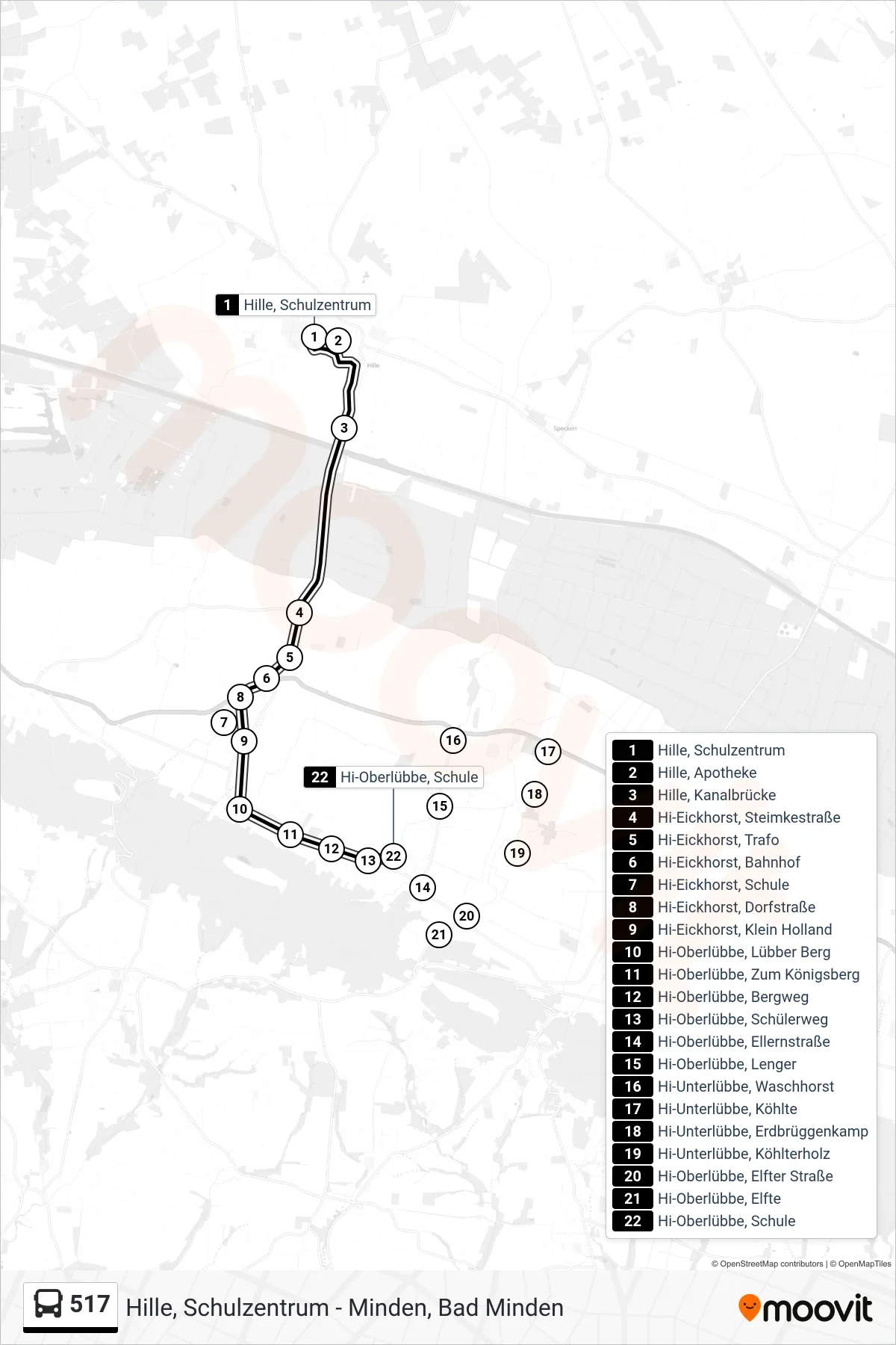 517 bus Line (Oberlübbe Schule) route and stops on a map
