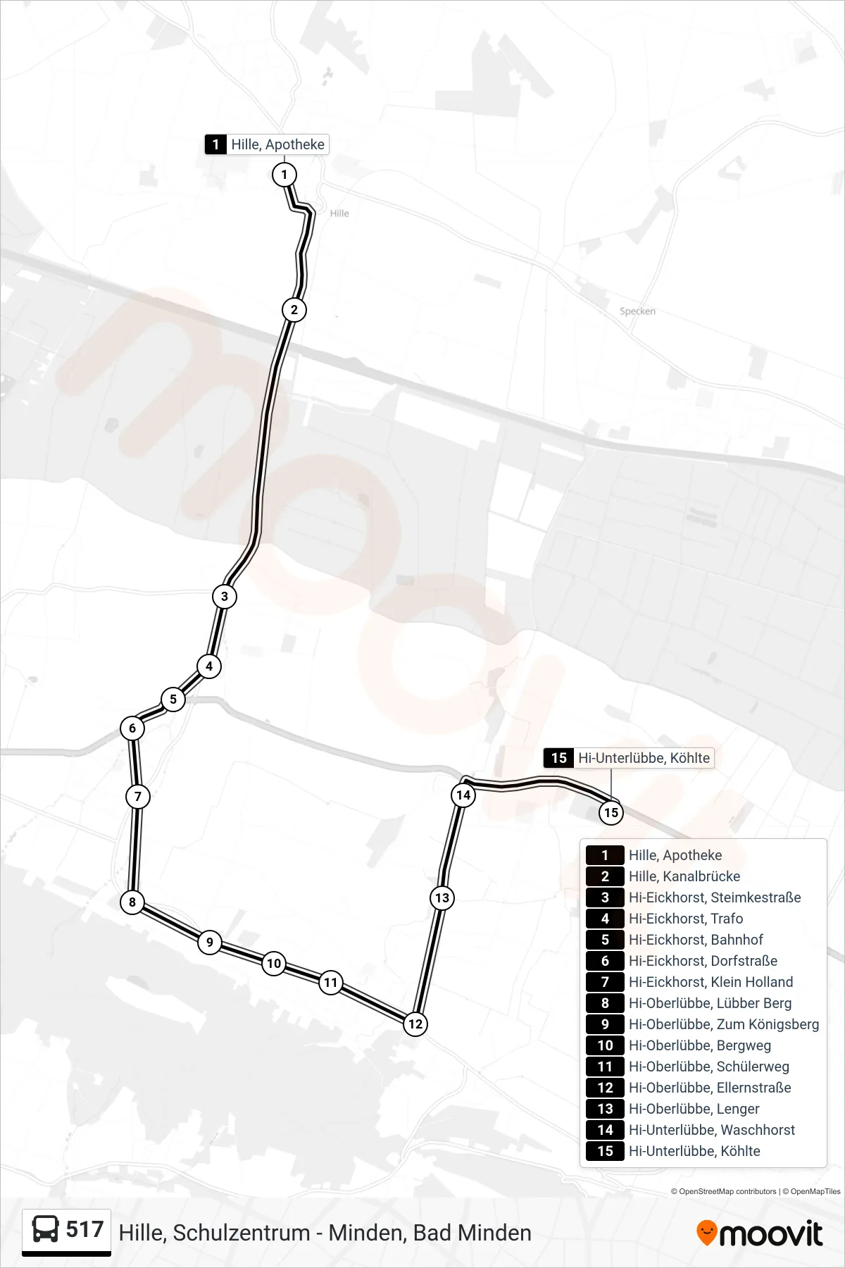 517 bus Line (Unterlübbe Köhlte) route and stops on a map