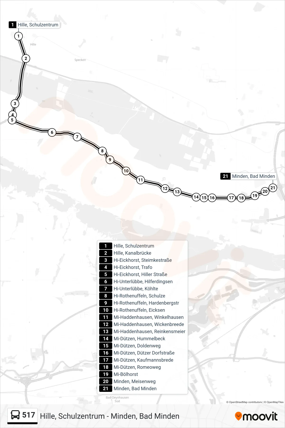 517 bus Line (Minden Bad Minden Über B65) route and stops on a map