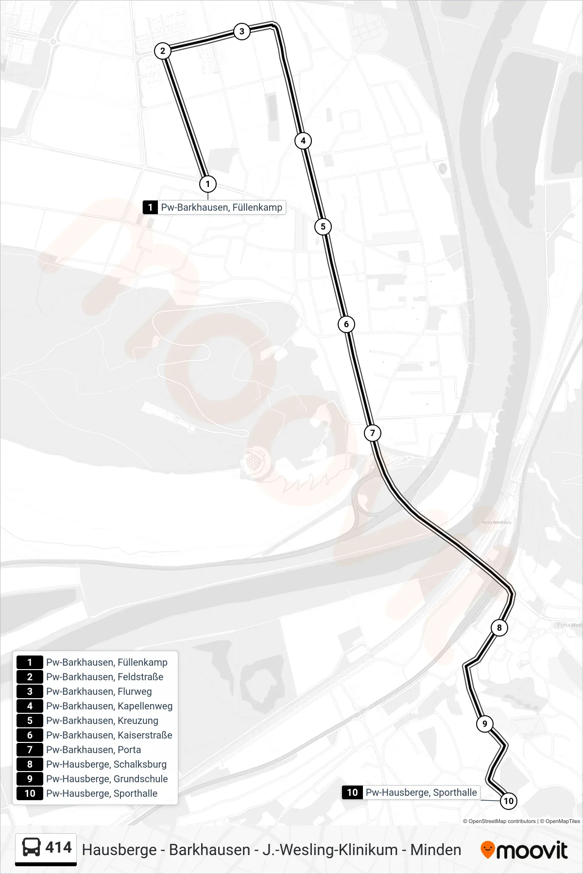 Linie 414 (Bus) Richtung Pw-Hausberge, Sporthalle: Route und Haltestellen auf der Karte