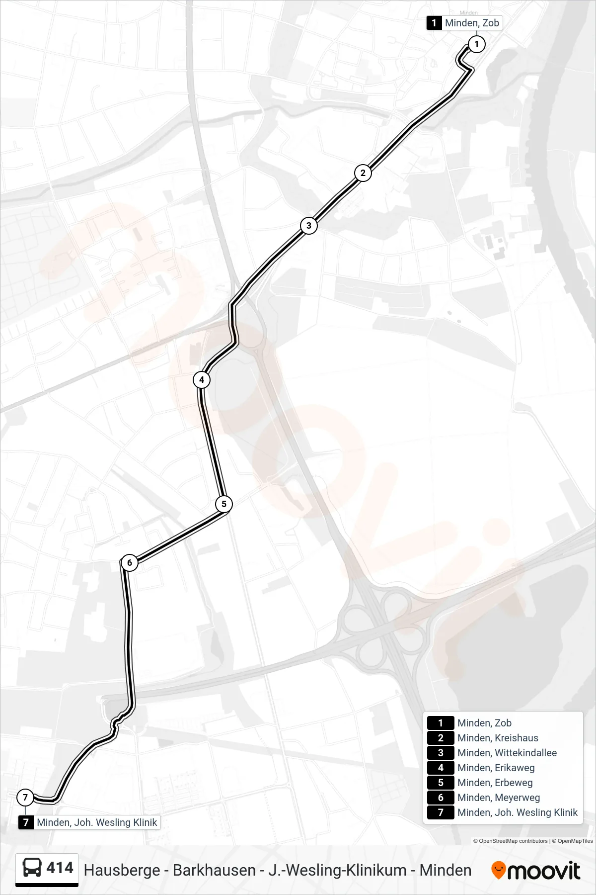 414 bus Line (Minden, Joh. Wesling Klinik) route and stops on a map