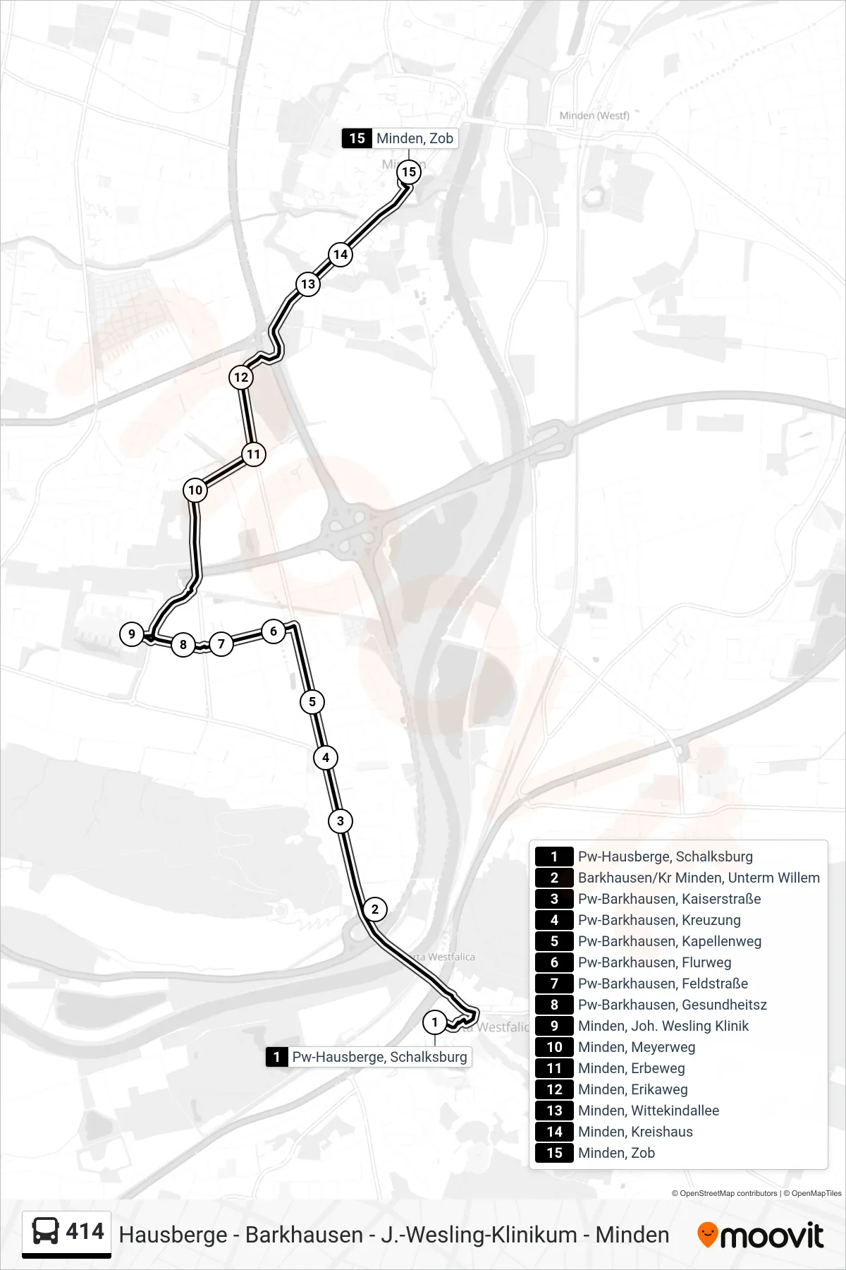 414 bus Line (Minden, Zob) route and stops on a map