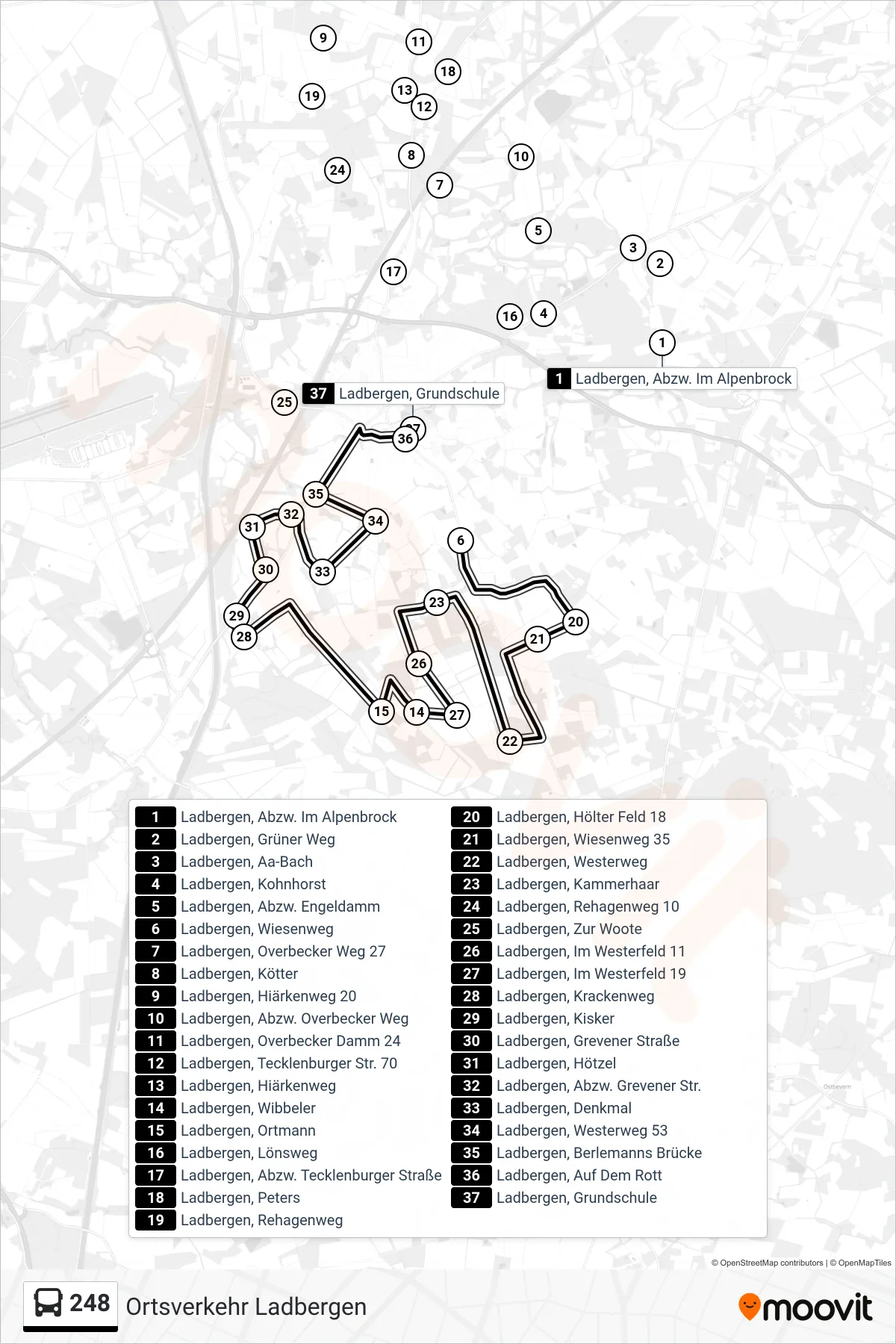 248 bus Line (Ladbergen, Grundschule) route and stops on a map