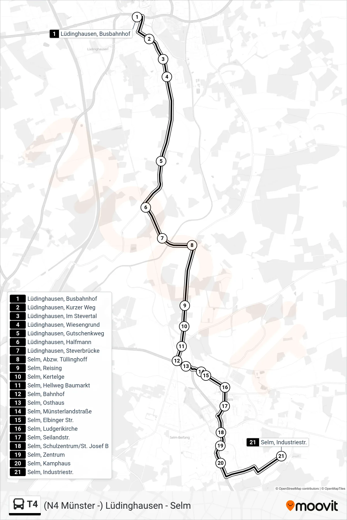 T4 bus Line (Selm, Industriestr.) route and stops on a map