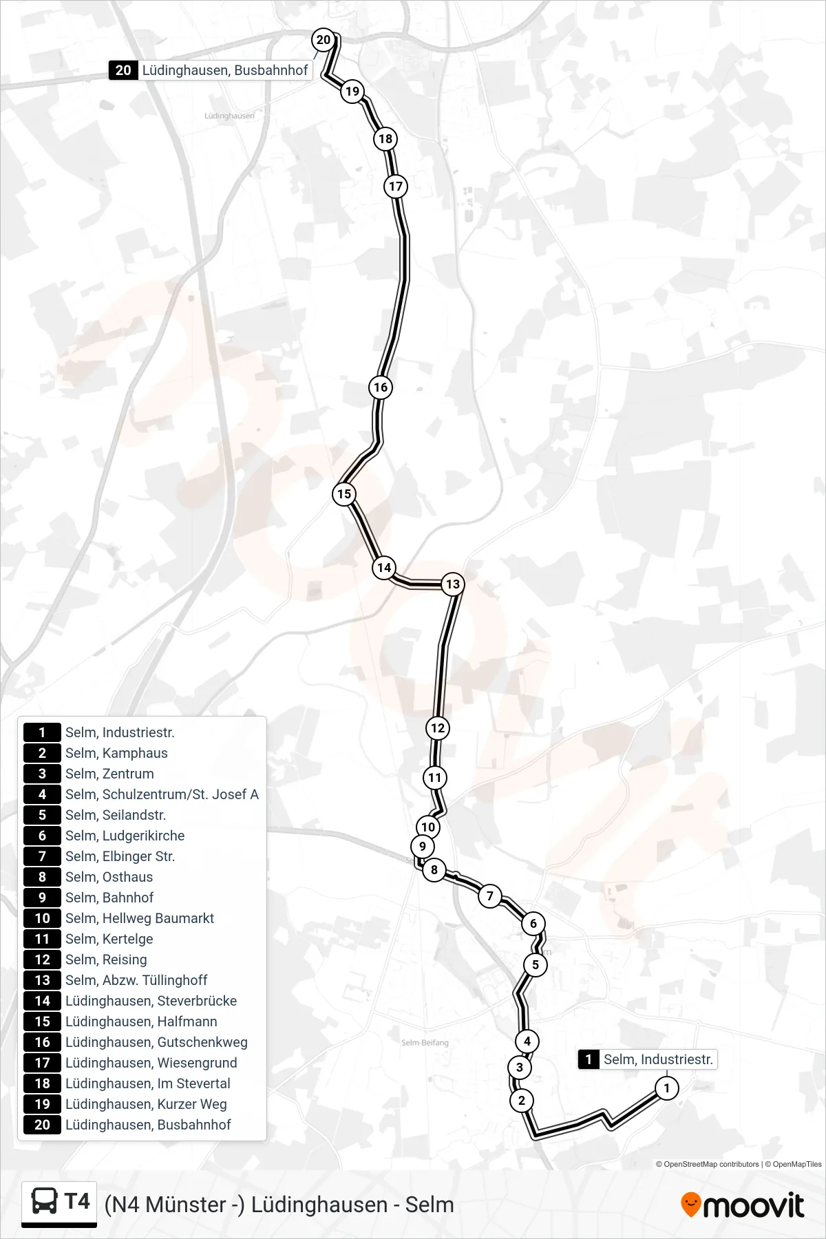 Linie T4 (Bus) Richtung Lüdinghausen, Busbahnhof E: Route und Haltestellen auf der Karte