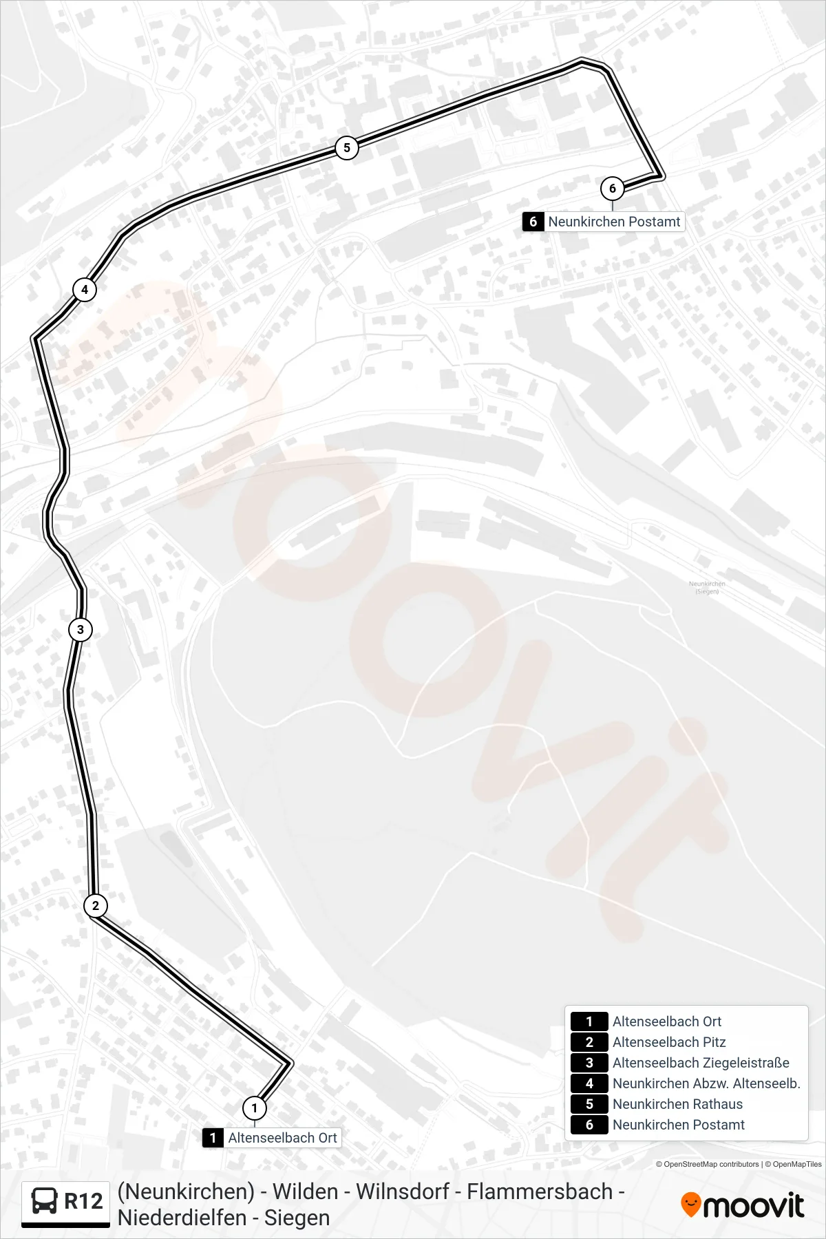 R12 bus Line (Neunkirchen Postamt) route and stops on a map