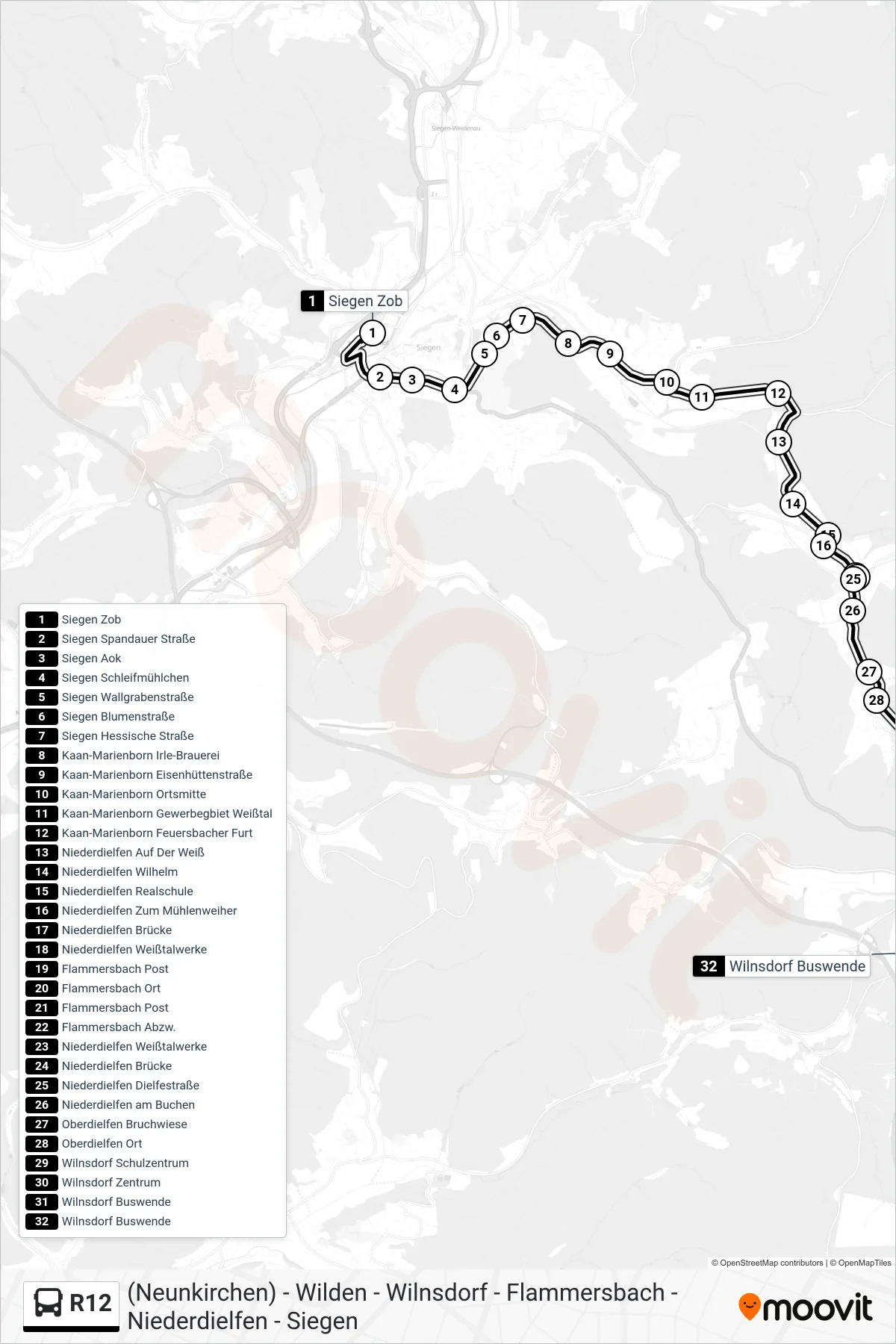 R12 bus Line (Wilnsdorf Buswende) route and stops on a map