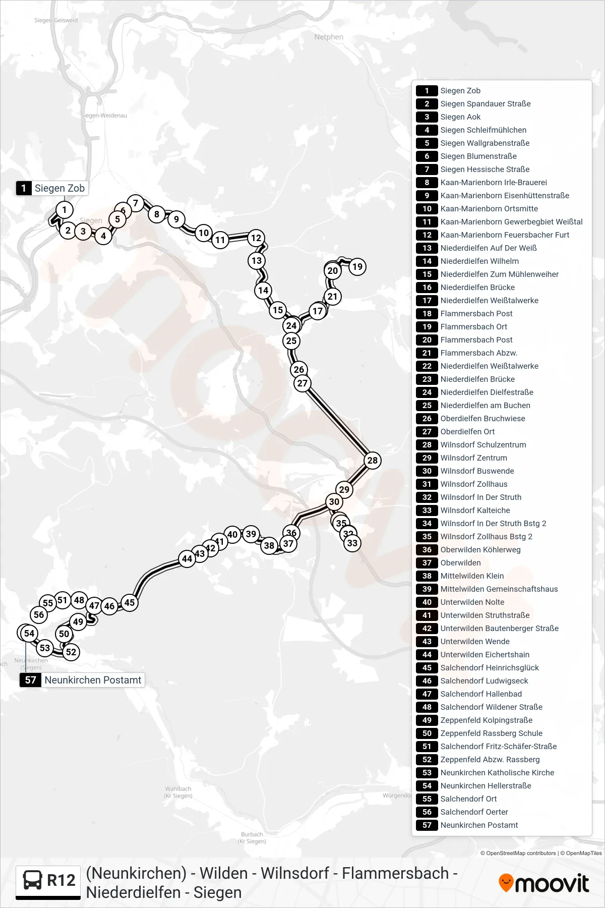 Linie R12 (Bus) Richtung Neunkirchen Postamt: Route und Haltestellen auf der Karte