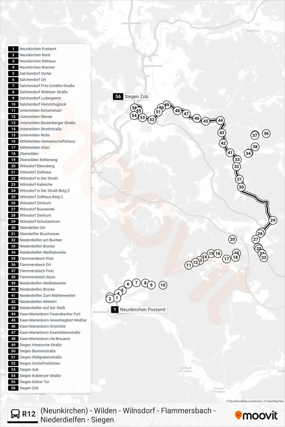 R12 bus Line (Siegen Zob Bstg A) route and stops on a map