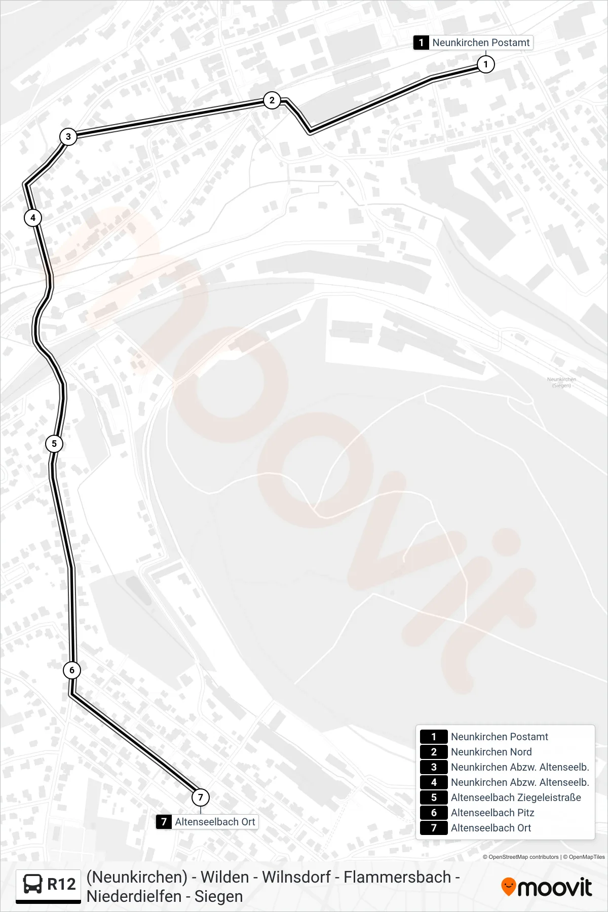 R12 bus Line (Altenseelbach Ort) route and stops on a map