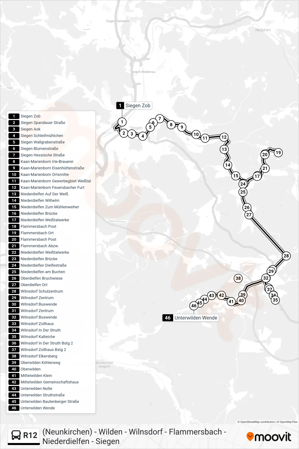 R12 bus Line (Unterwilden Wende) route and stops on a map