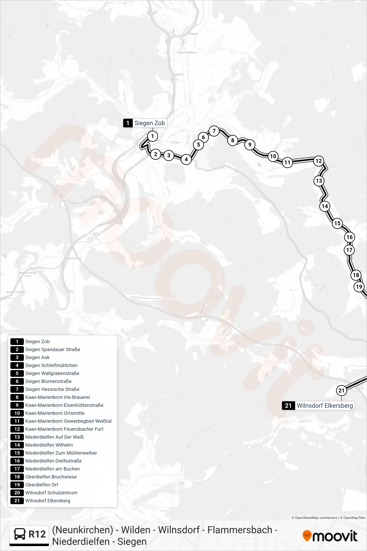 R12 bus Line (Wilnsdorf Elkersberg) route and stops on a map