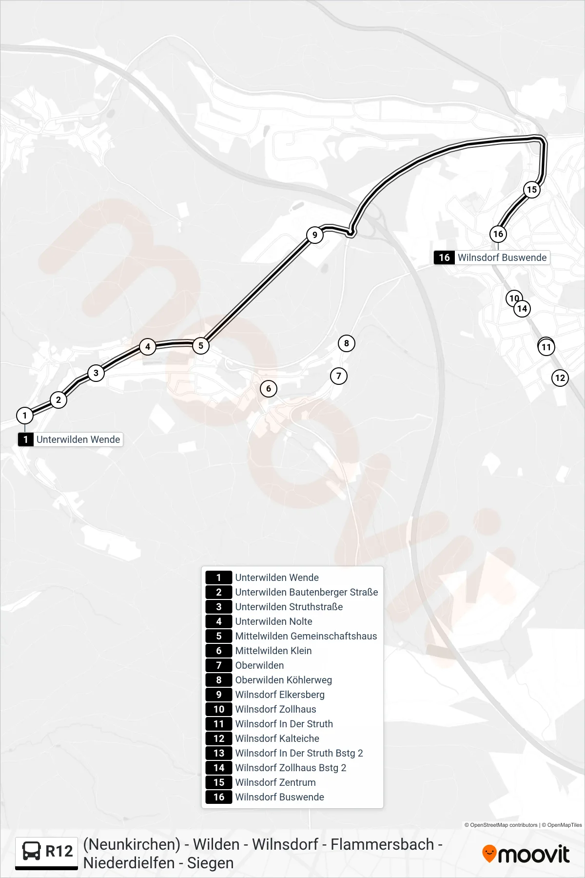 R12 bus Line (Wilnsdorf Buswende) route and stops on a map