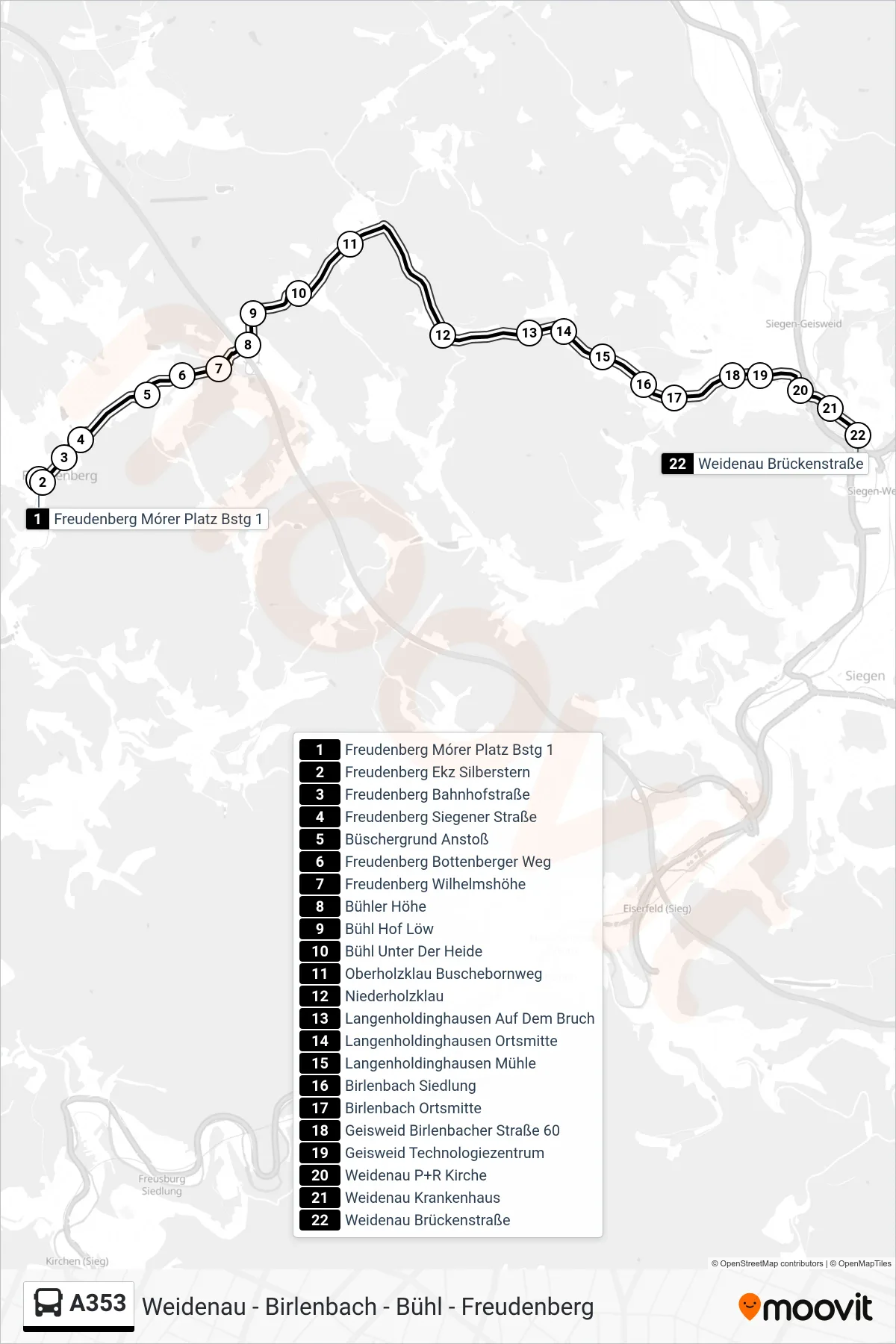 A353 bus Line (Weidenau Brückenstraße) route and stops on a map