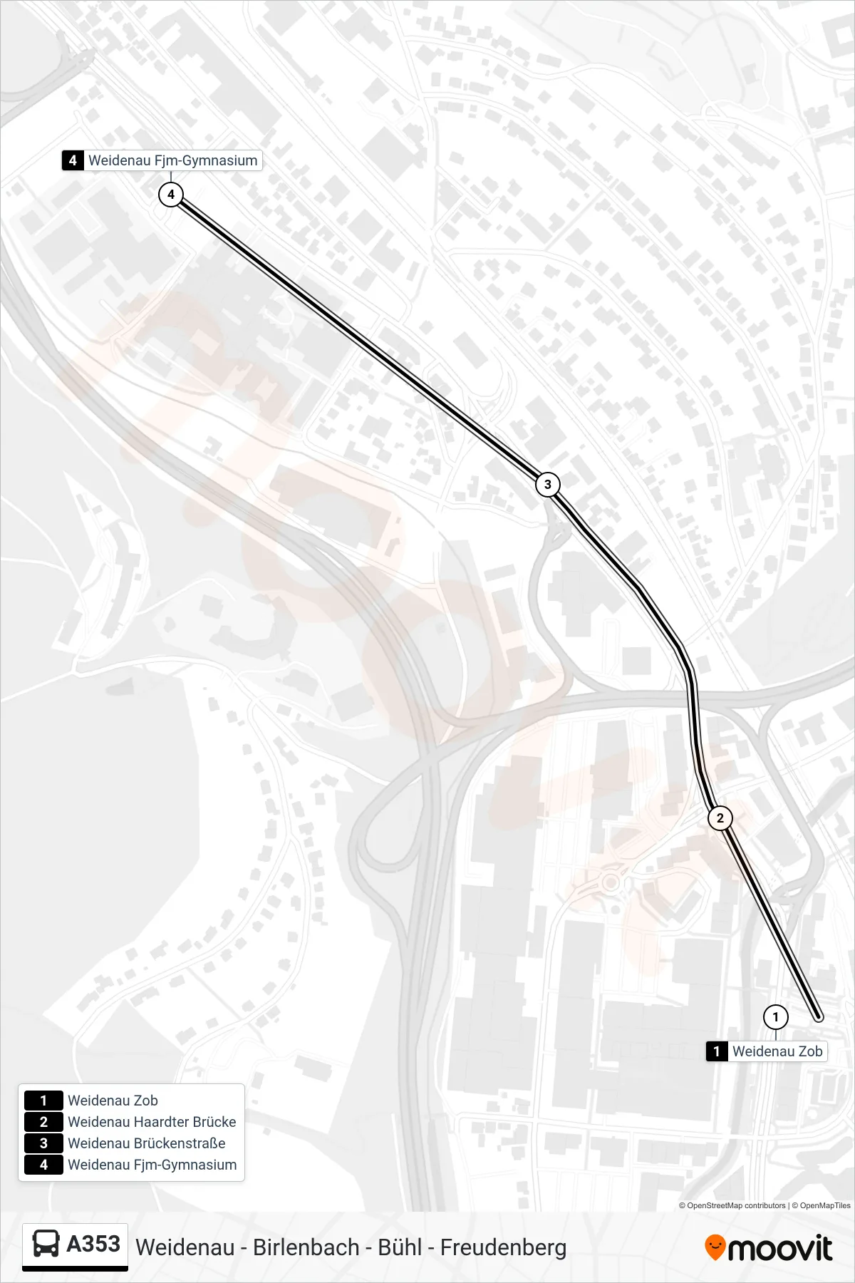A353 bus Line (Weidenau Fjm-Gymnasium) route and stops on a map