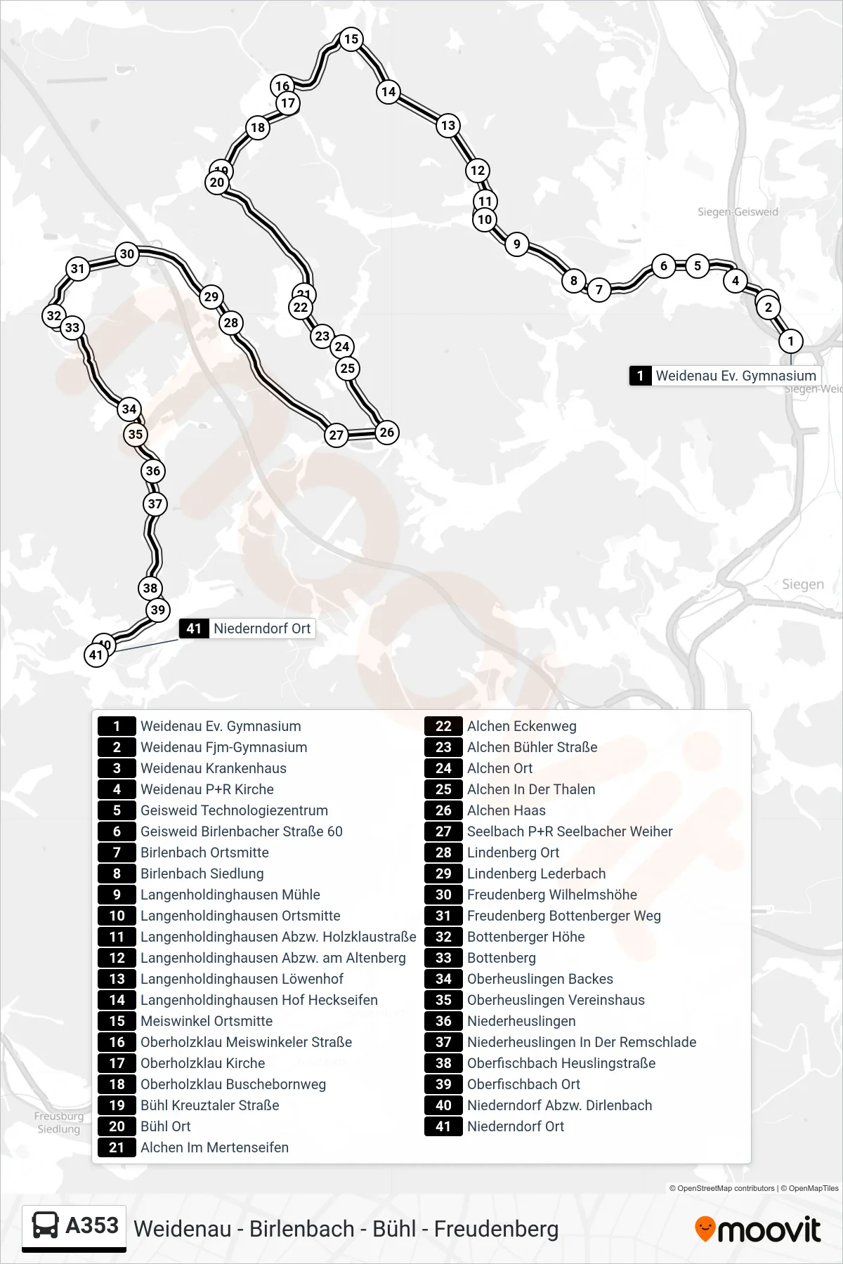 A353 bus Line (Niederndorf Ort) route and stops on a map