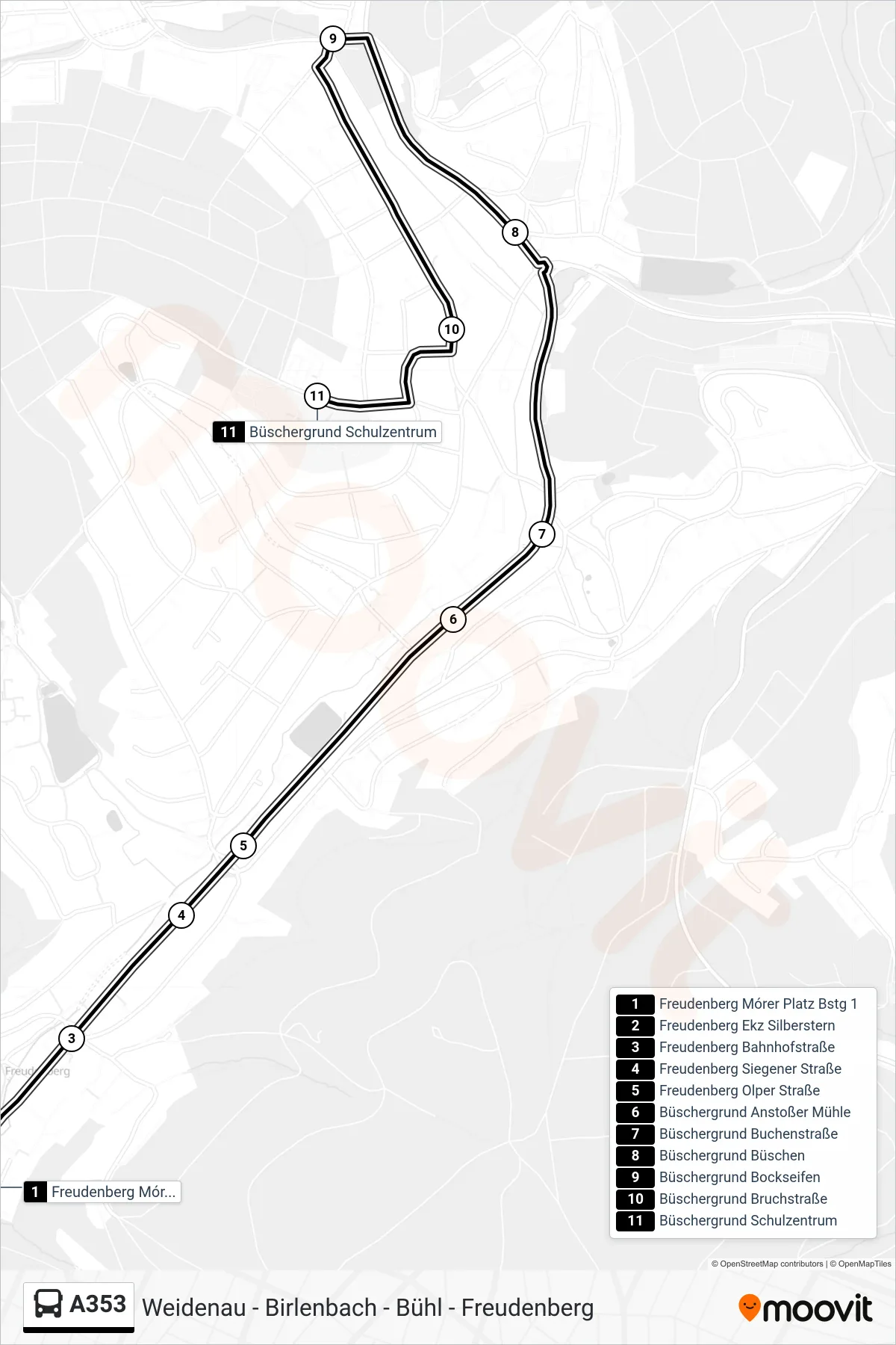 A353 bus Line (Büschergrund Schulzentrum) route and stops on a map
