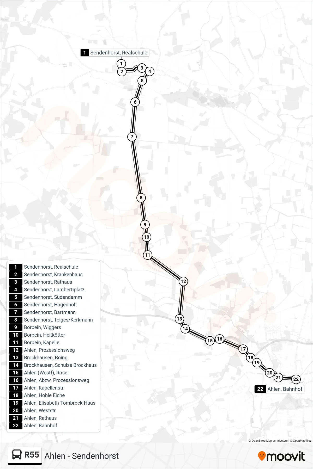 R55 bus Line (Ahlen, Bahnhof Bstg E) route and stops on a map