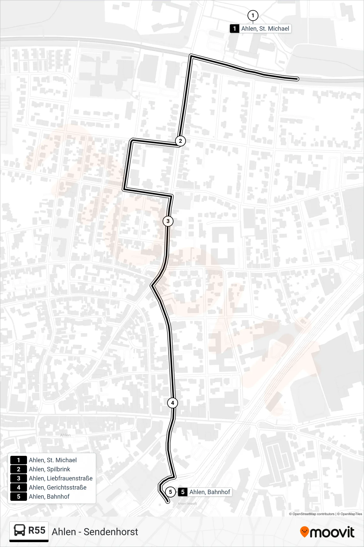 R55 bus Line (Ahlen, Bahnhof Bstg A) route and stops on a map