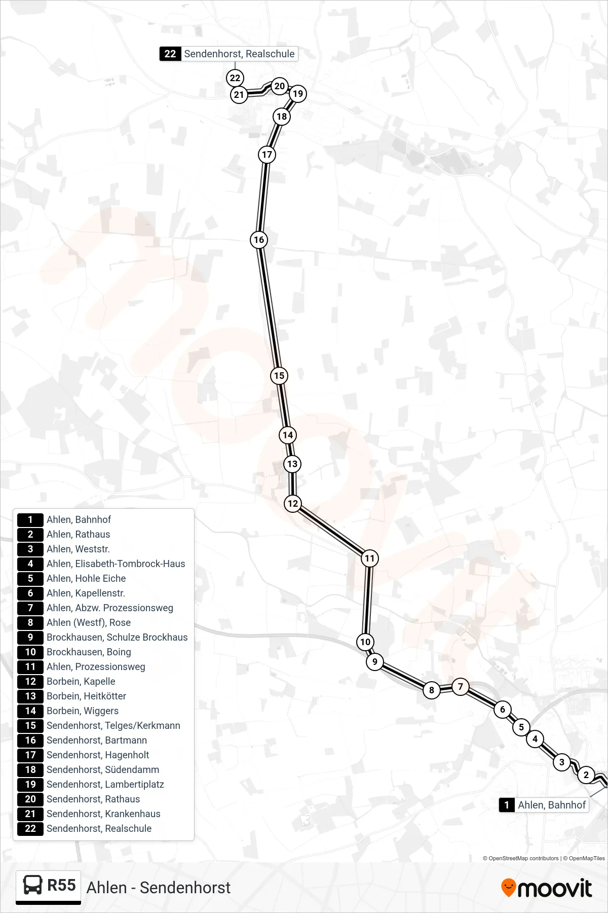 R55 bus Line (Sendenhorst, Realschule Bstg B) route and stops on a map