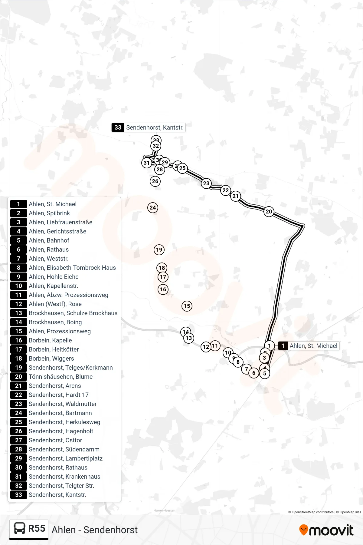 Linie R55 (Bus) Richtung Sendenhorst, Kantstr.: Route und Haltestellen auf der Karte