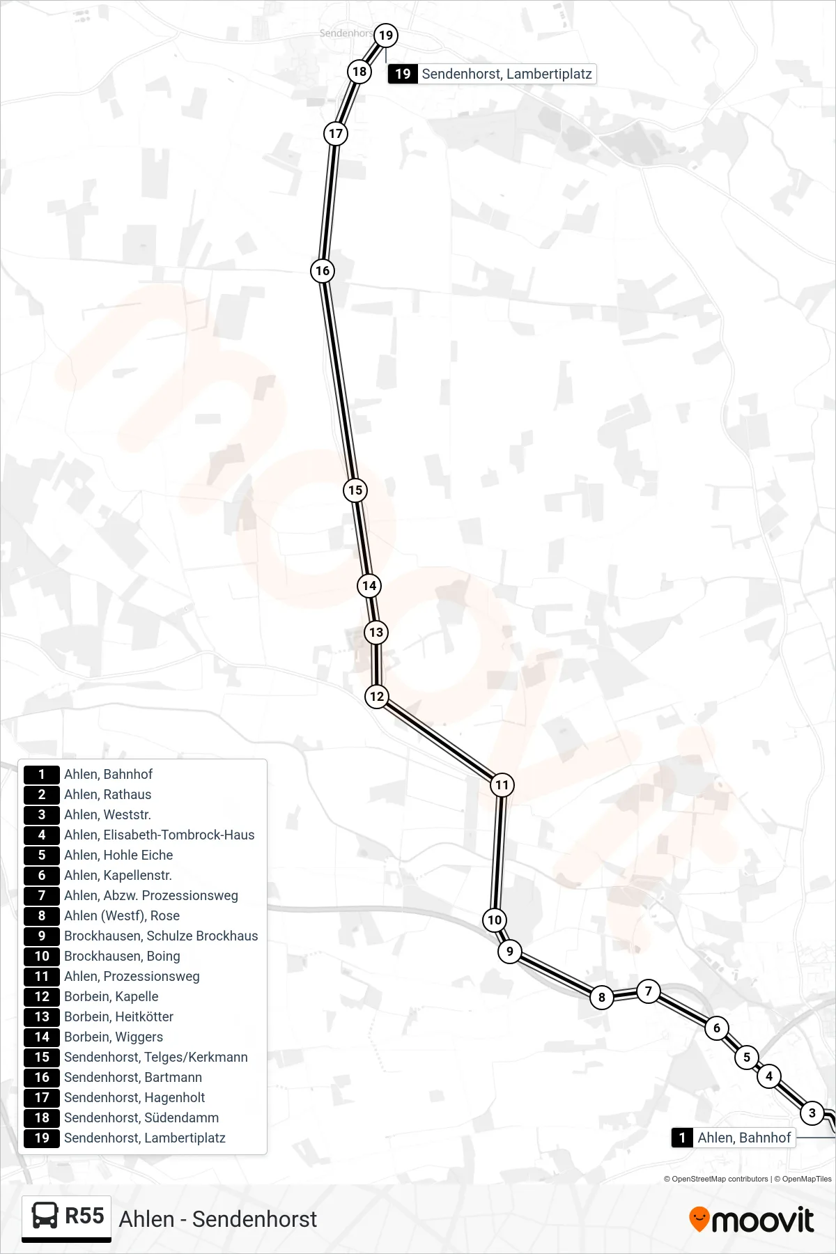 R55 bus Line (Sendenhorst, Lambertiplatz) route and stops on a map