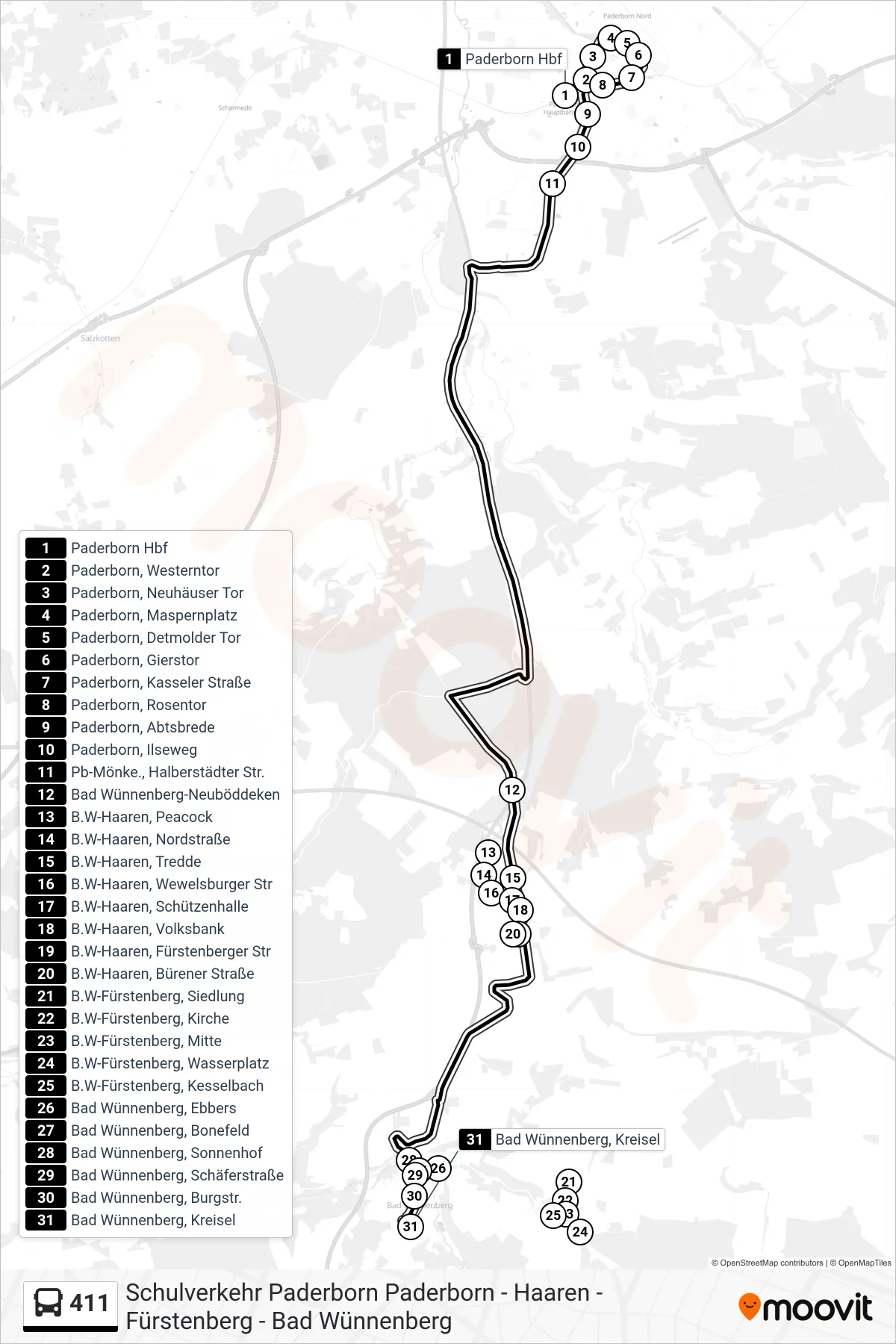 Linie 411 (Bus) Richtung Bad Wünnenberg, Kreisel: Route und Haltestellen auf der Karte