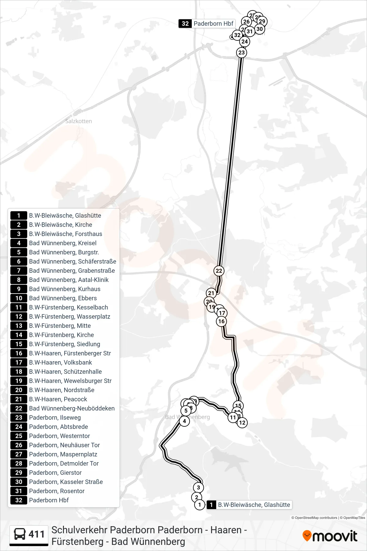 411 bus Line (Paderborn Hbf Bstg A1) route and stops on a map