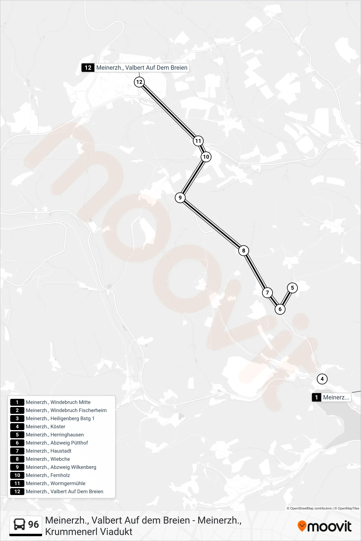 96 bus Line (Meinerzh., Valbert Auf Dem Breien) route and stops on a map