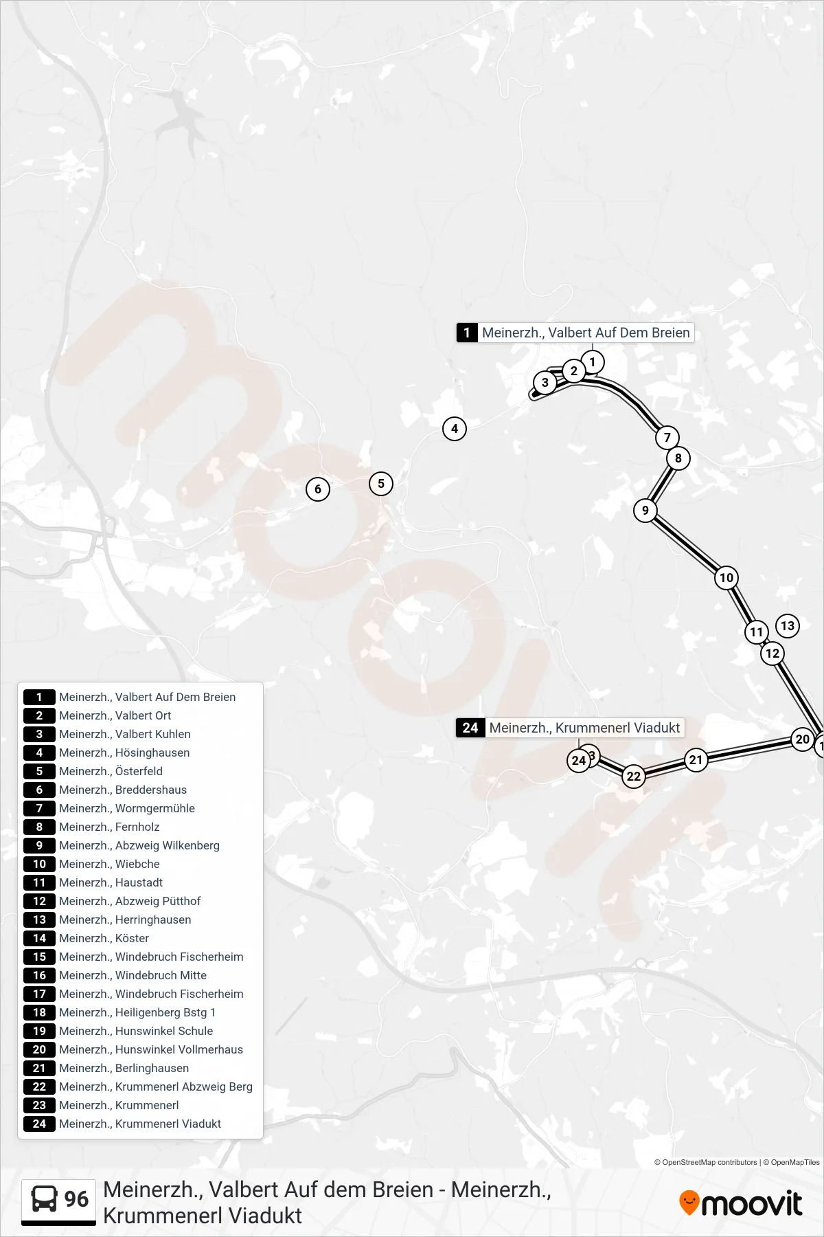 96 bus Line (Meinerzh., Krummenerl Viadukt) route and stops on a map