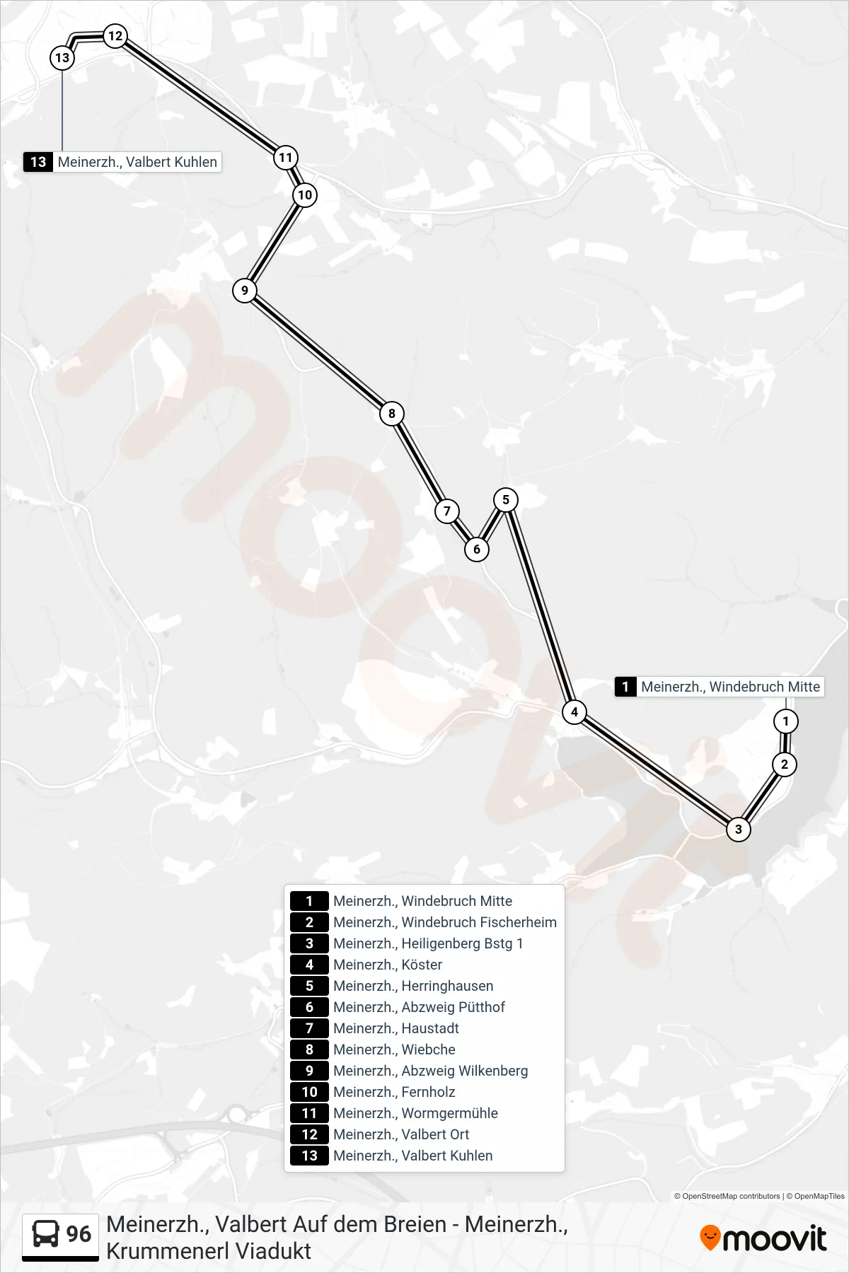 Linie 96 (Bus) Richtung Meinerzh., Valbert Kuhlen: Route und Haltestellen auf der Karte